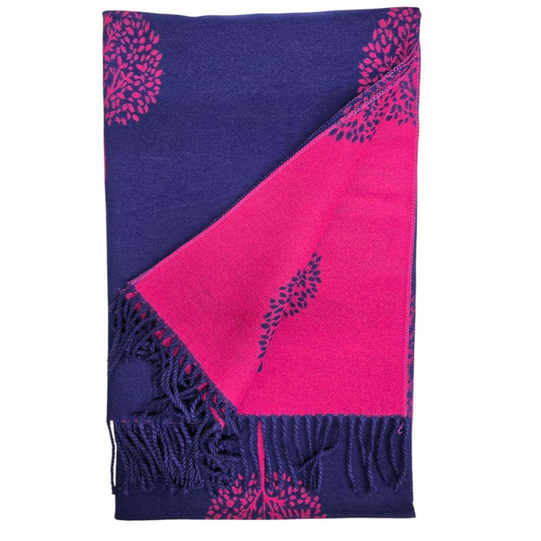 Love Emvy Grey Enchanted Tree Blanket Scarf – Reversible Winter Shawl, Oversized Pashmina Wrap - Navy/Fuschia