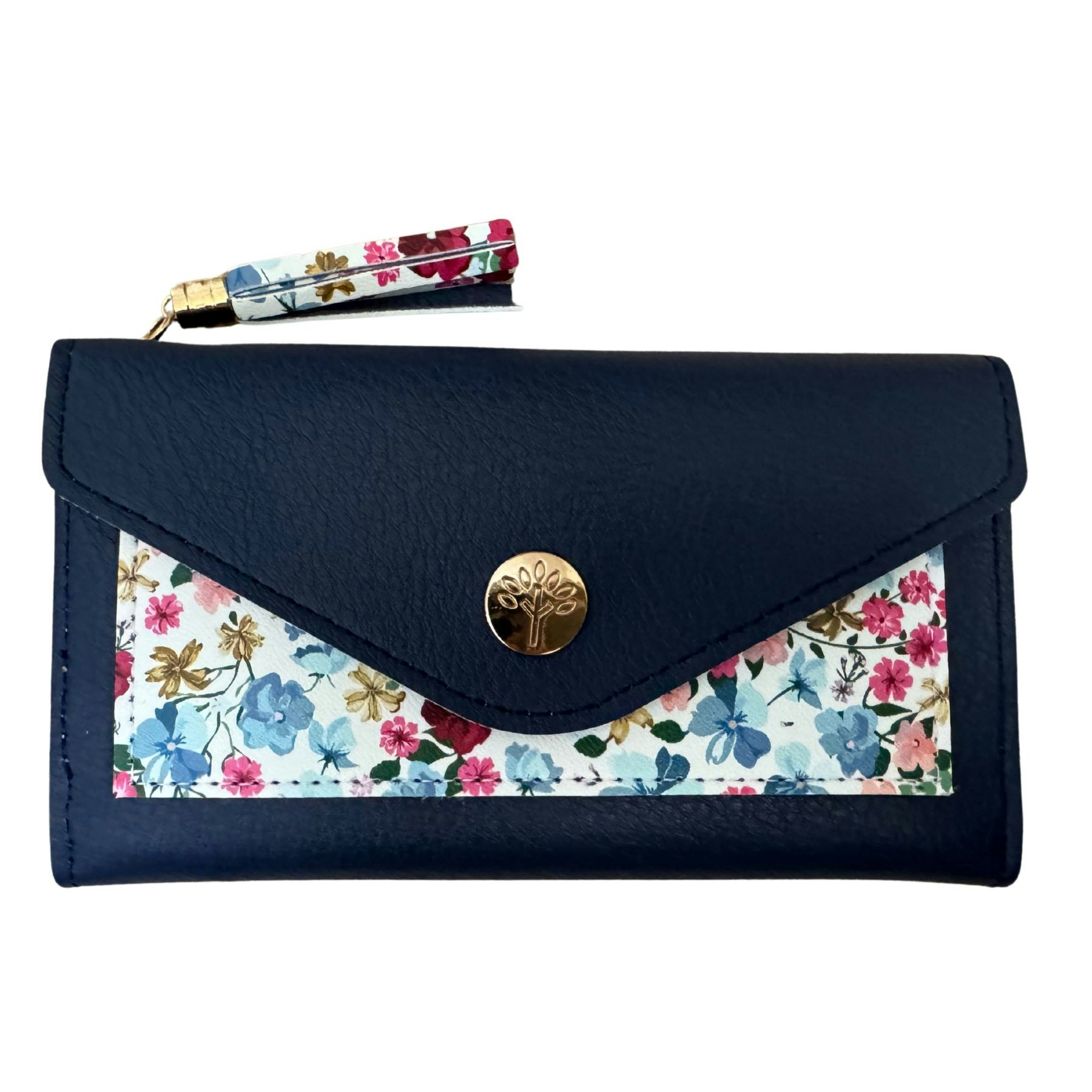 Fores Collection Gold Floral Envelope Purse – Faux Leather With Tassel - Navy Small