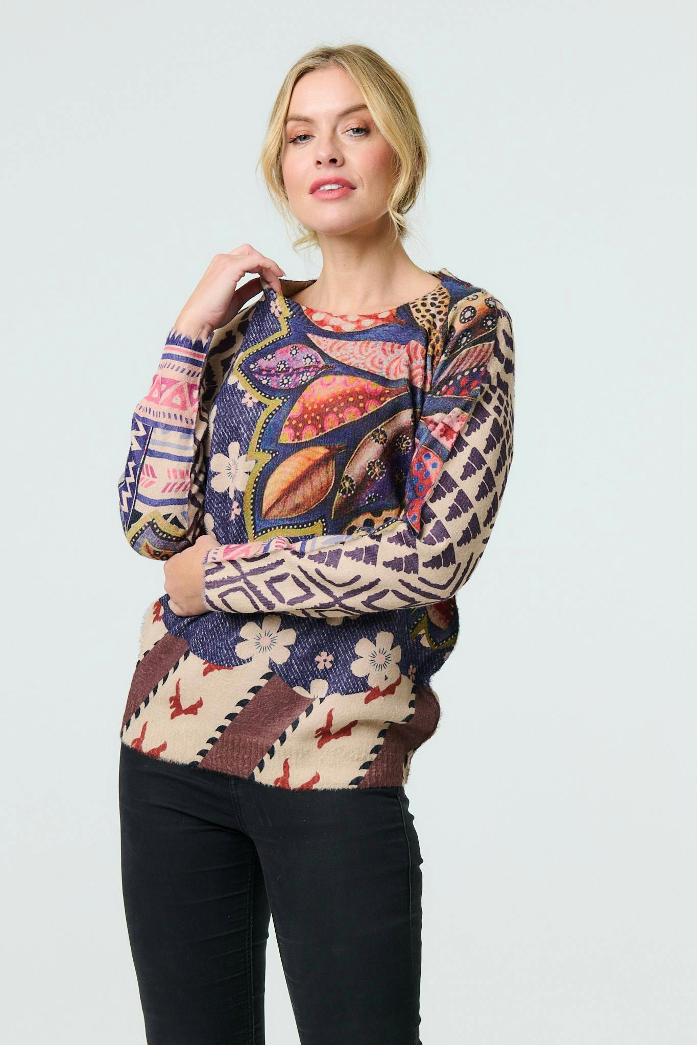Izabel London Blue Leaf Print Drop Shoulder Jumper - M/L