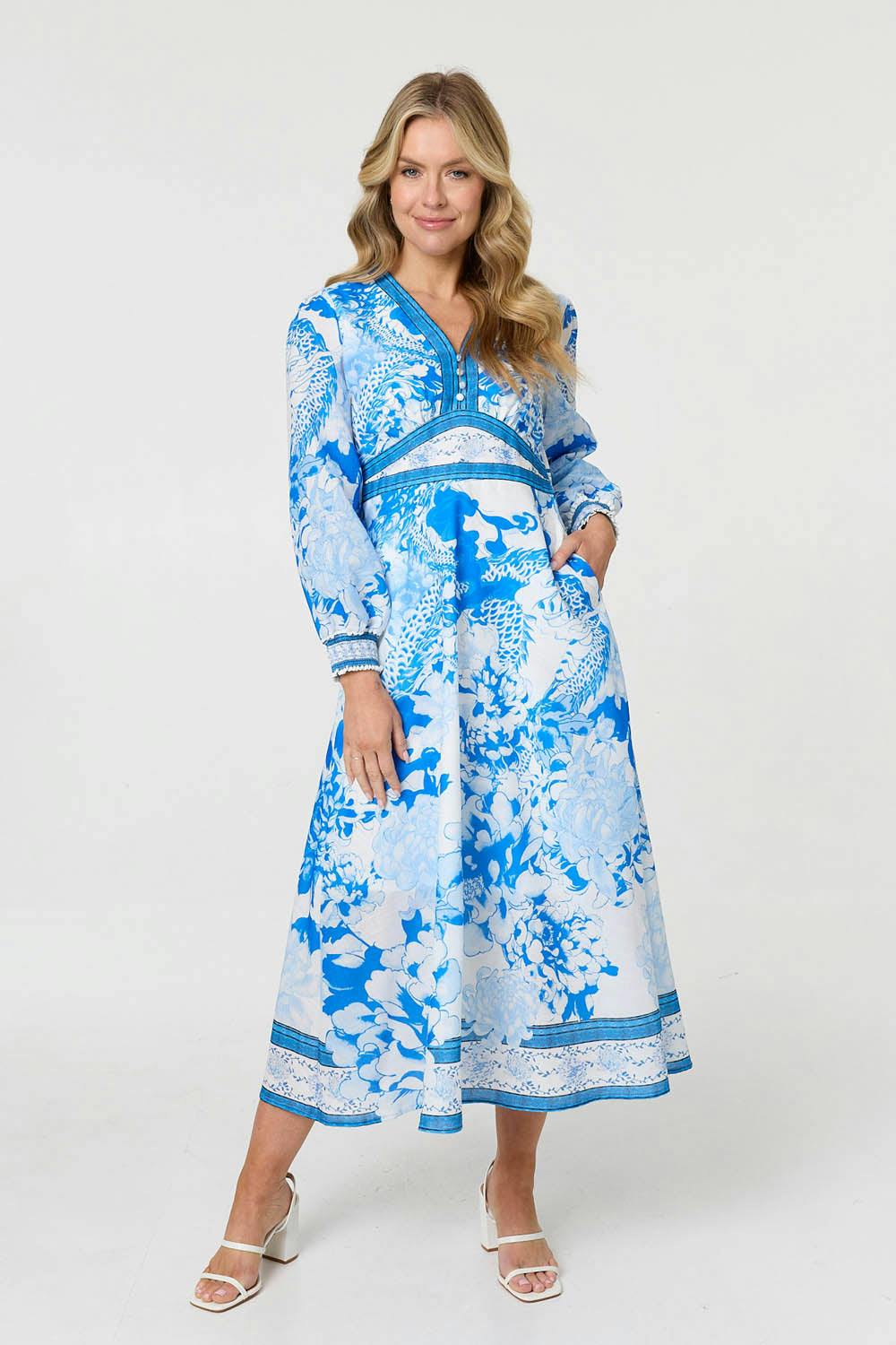 Izabel London Blue Floral Long Sleeve A-Line Maxi Dress - 14