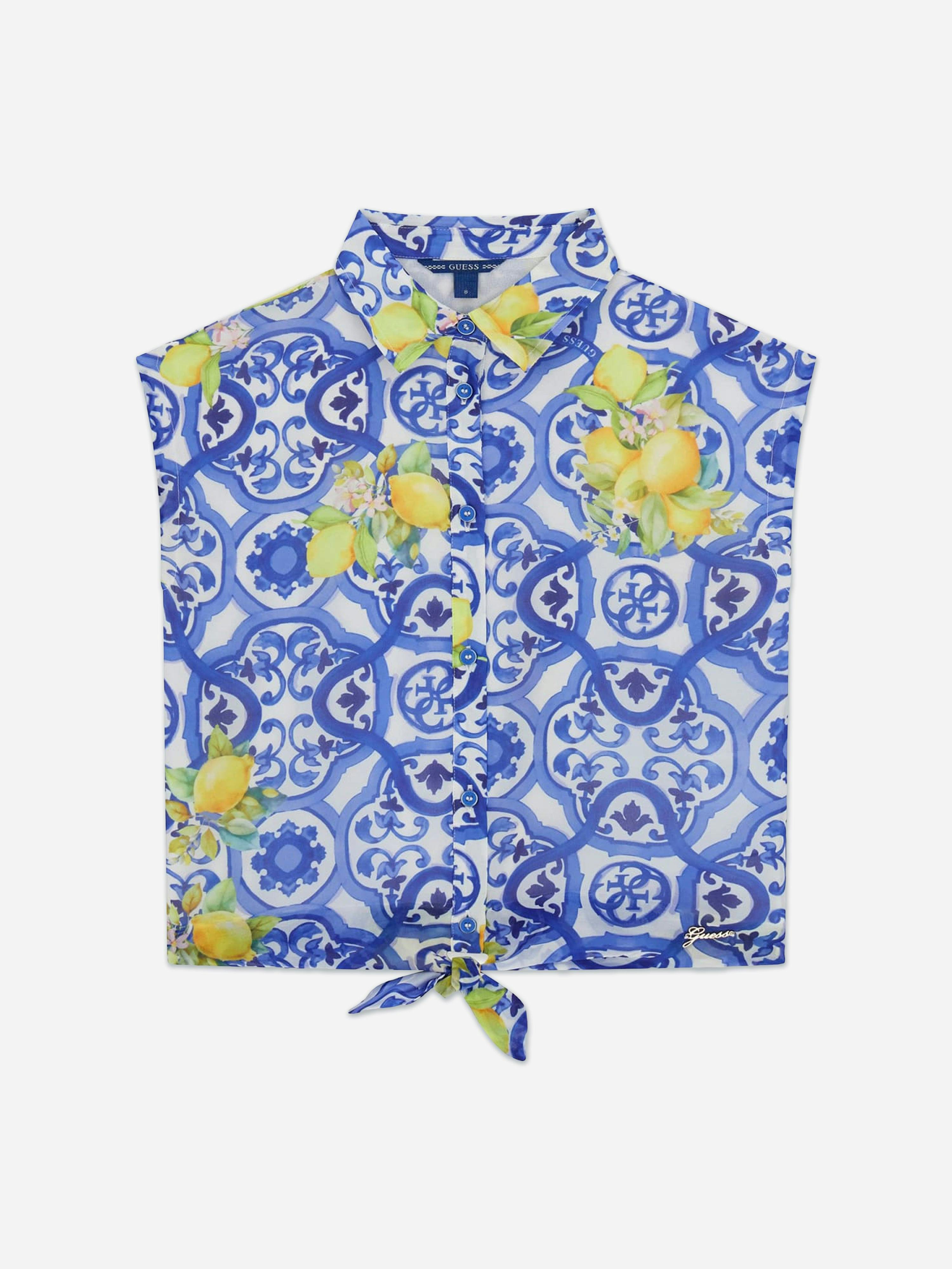 Guess Girls Blue Amalfi Coast Chiffon Blouse In - 12 Yrs