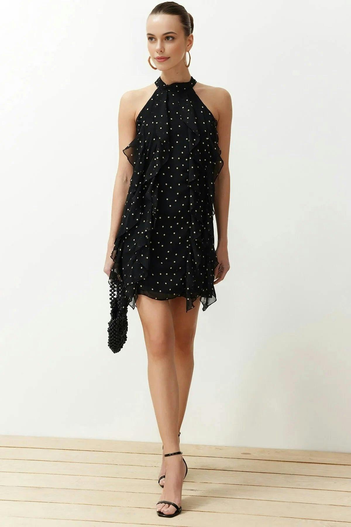 Wovcor Black Polka Dot Ruffled Chiffon Lined Mini Woven Dress - 12
