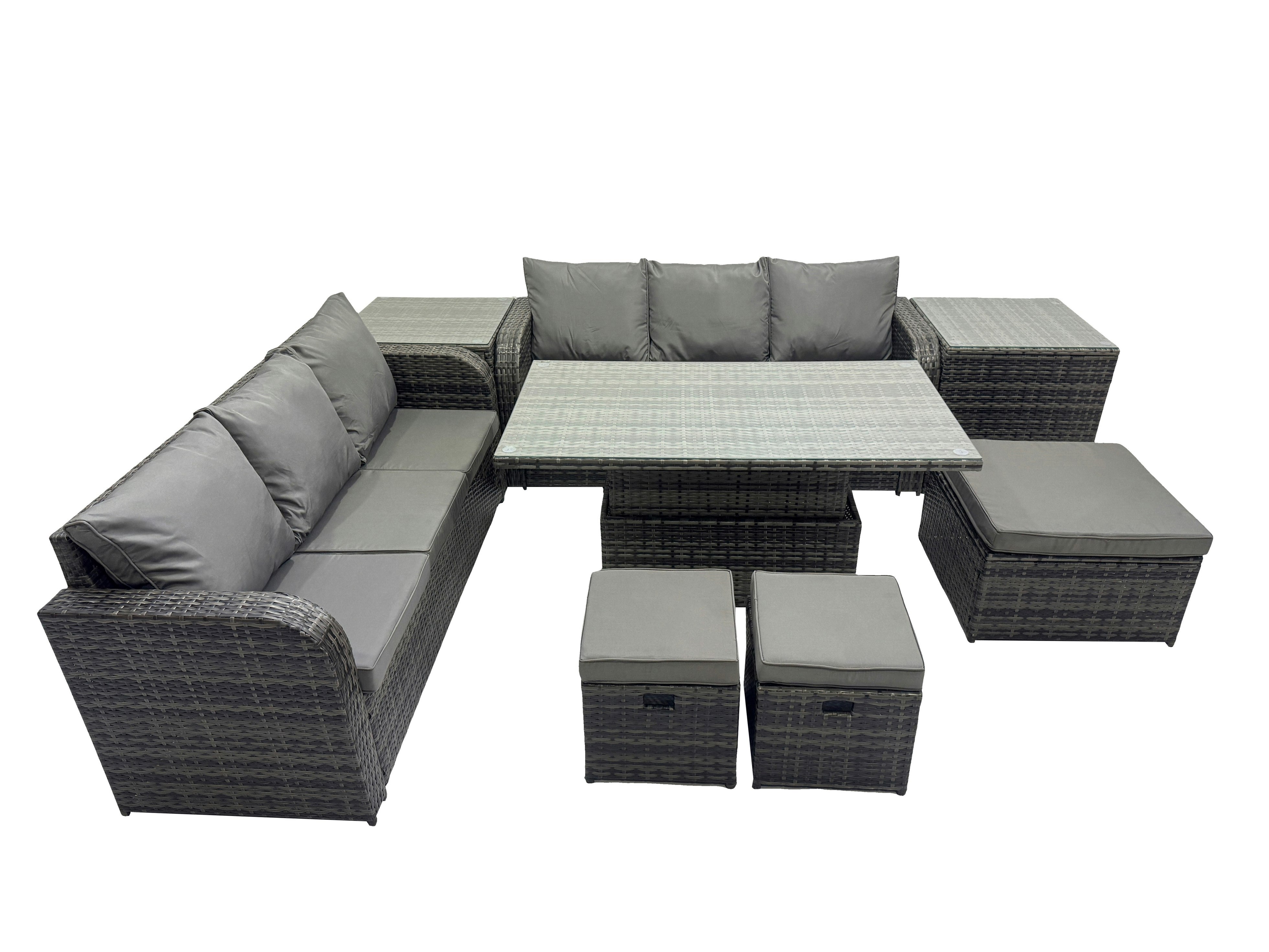 Rackhams Dark/Grey Rattan Garden Furniture Dining Set 9 Seater Height Adjustable Rising Table Sofa Set With 2 Side Table 3 Footstools Mixed