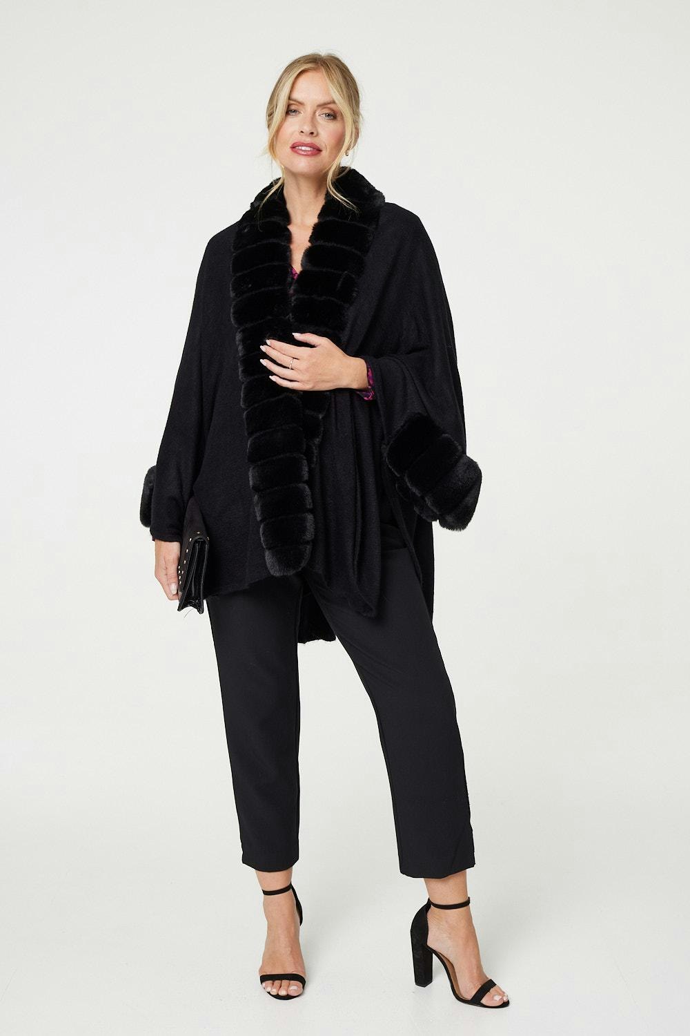 Izabel London Black Faux Fur Longline Hanky Hem Poncho - One