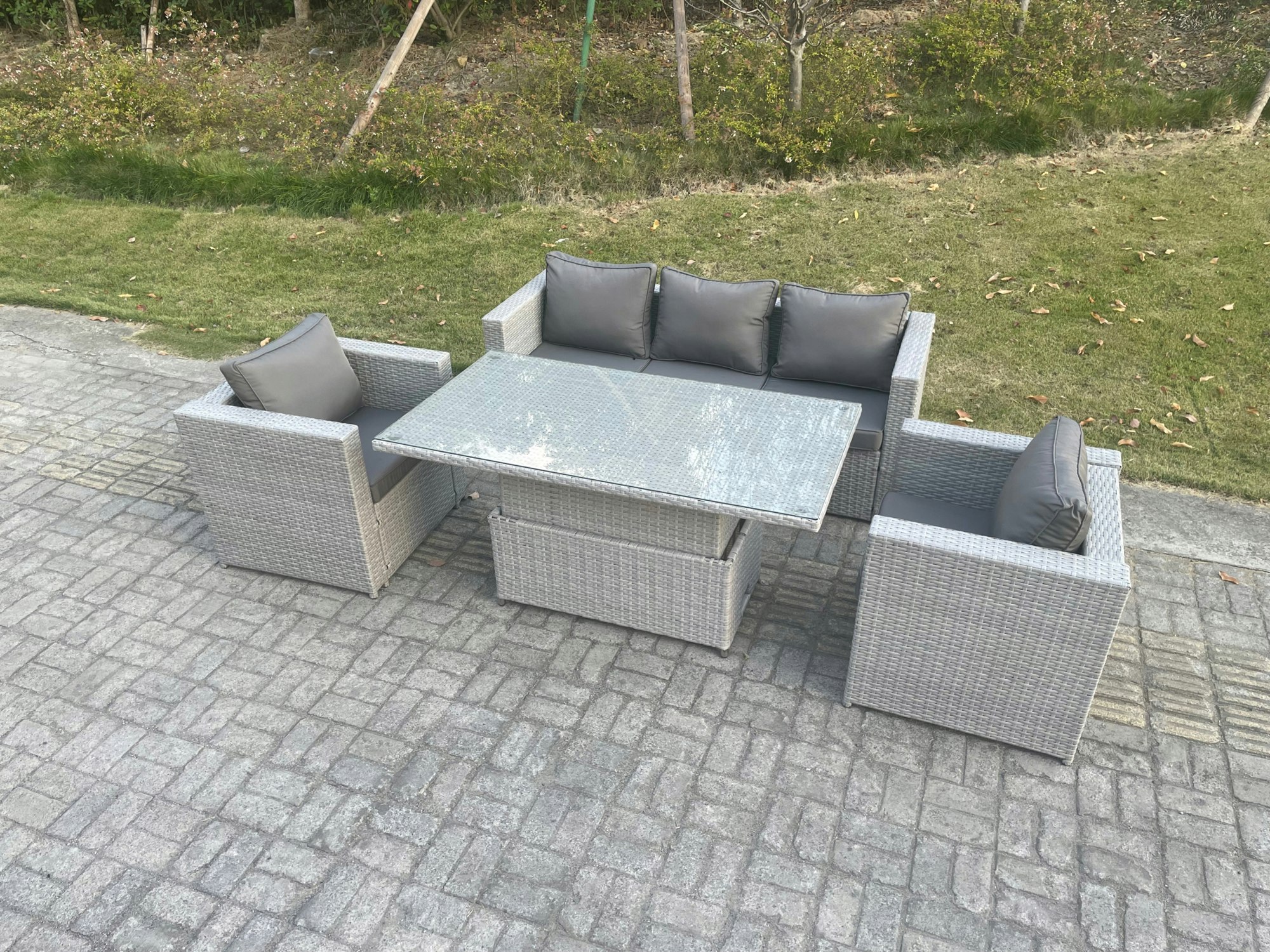 Rackhams Grey/Dark Rattan Garden Funiture Set Height Adjustable Rising Lifting Table Sofa Dining Set With Arm Chair Size 2