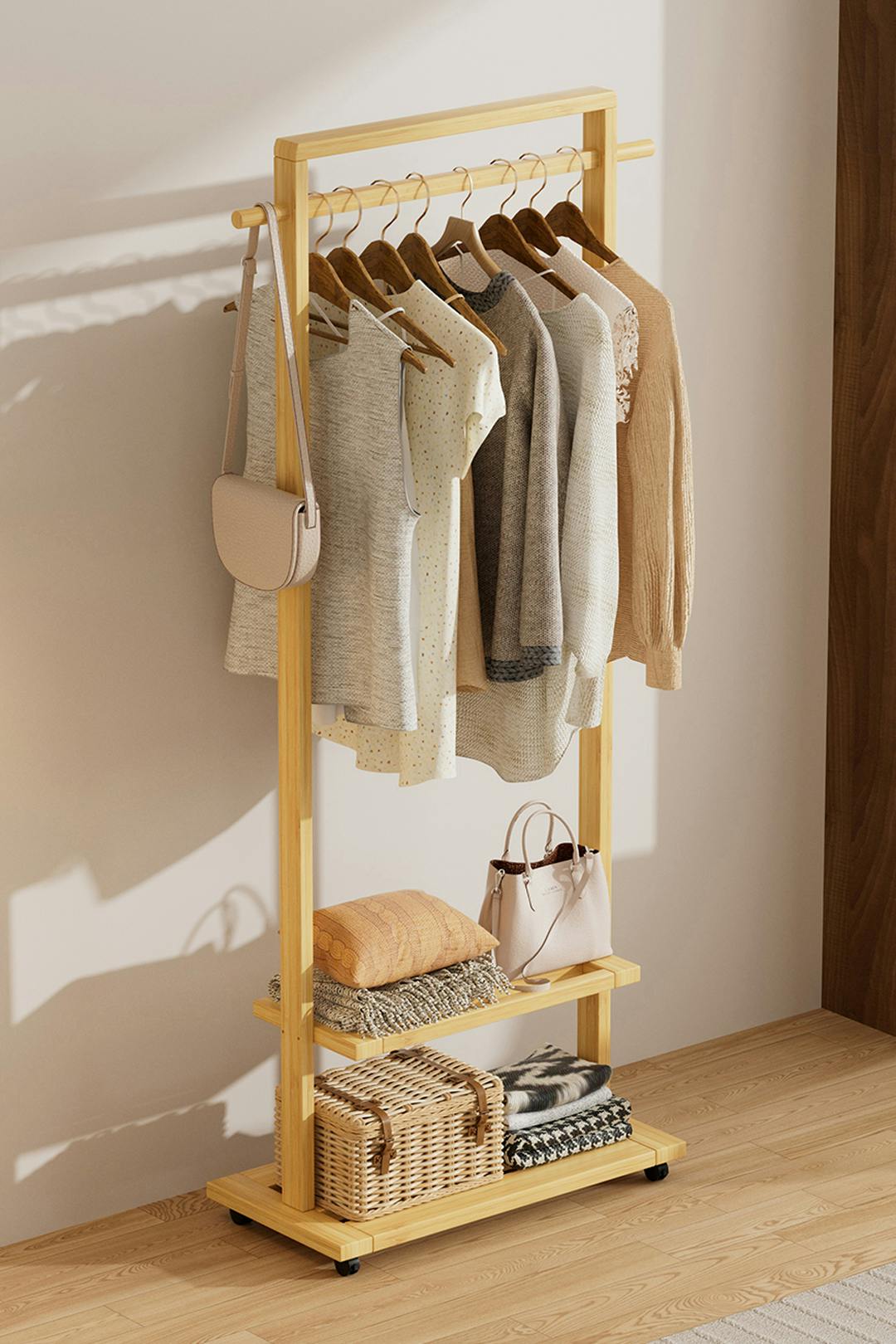Rackhams Bamboo Rolling Clothes Garment Rack With 2-Tier Shelves & Wheels - Natural - Natural - One Size