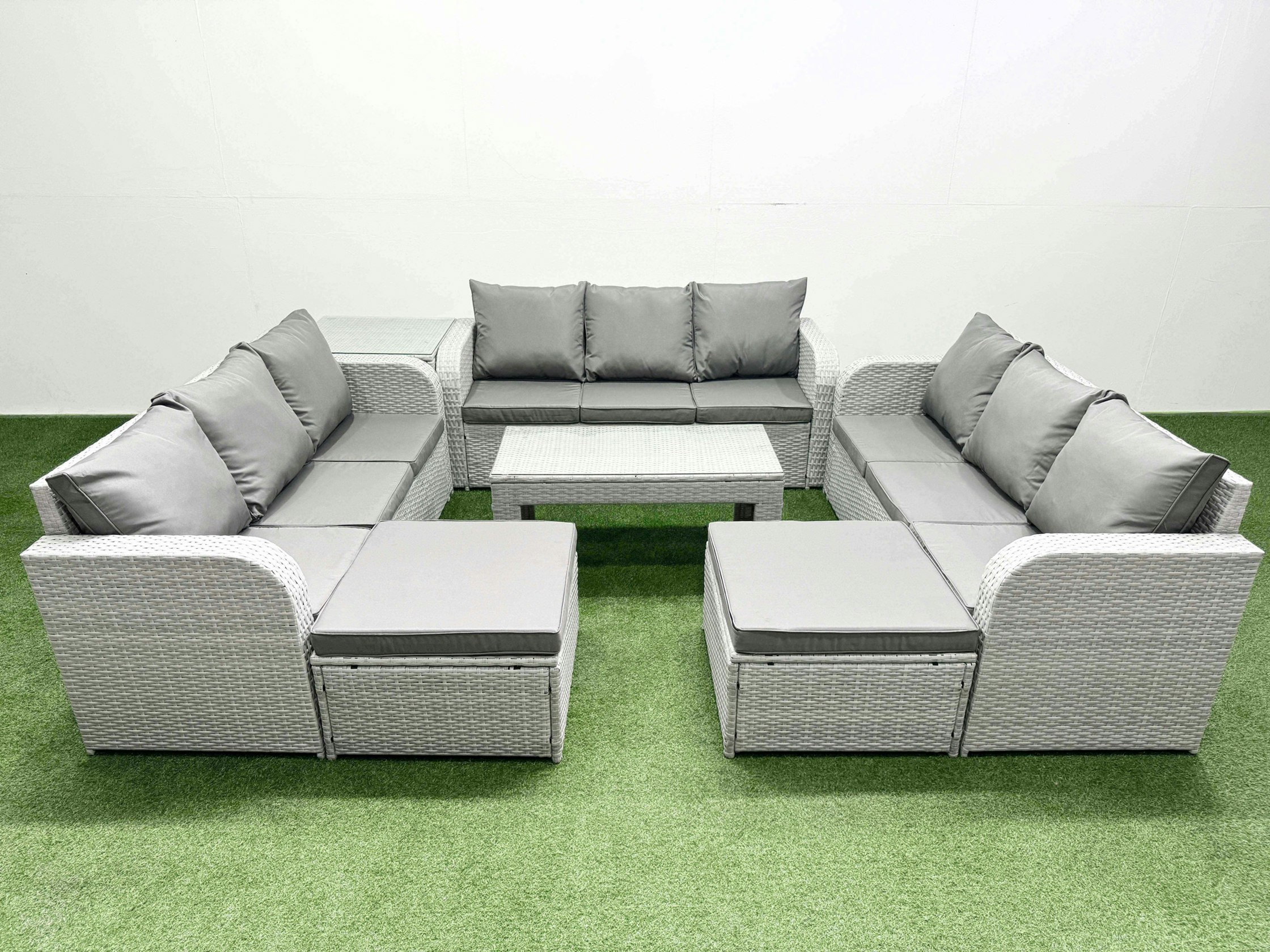 Fimous Light/Grey Pe Rattan Lounge Sofa Set 11 Seater Outdoor Garden Furniture Set With Oblong Coffee Table 3 Seater Sofa 2 Big Footstools Side Table