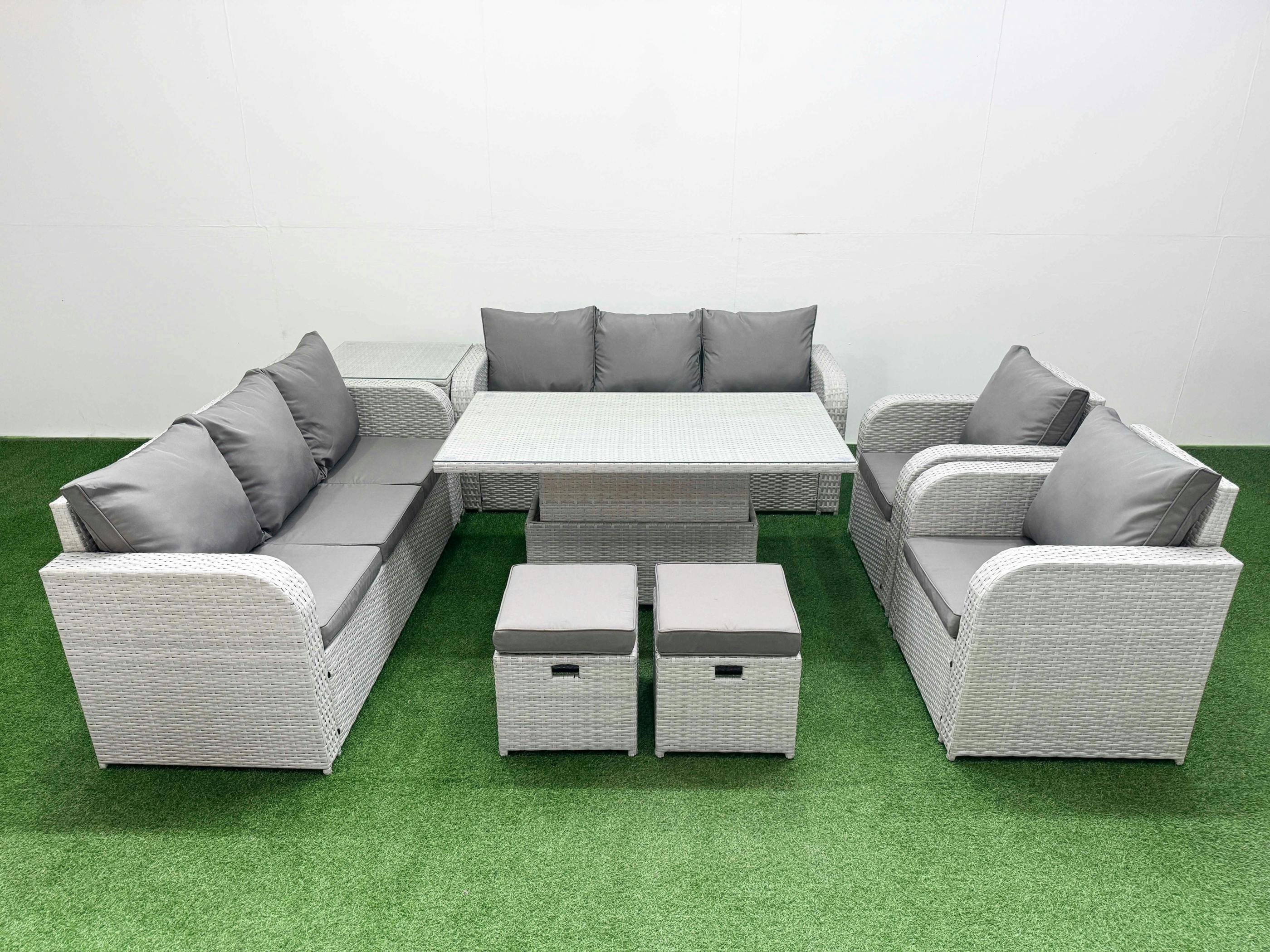 Rackhams Light/Grey Pe Rattan High Back Garden Set, Adj Height Table, 3 Seater Sofa, Reclining Chair, Stools And Side Table,
