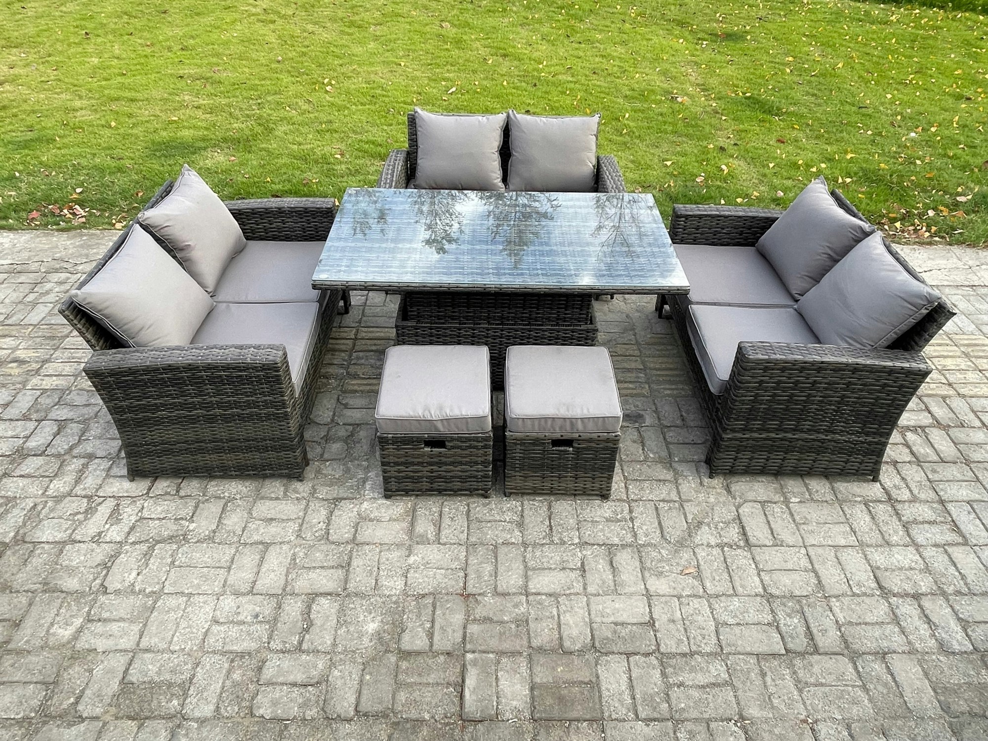 Fimous Dark/Grey Wicker Pe Rattan Garden Furniture Set - Mixed Height Adjustable Rising Lifting Table Sofa Dining Set