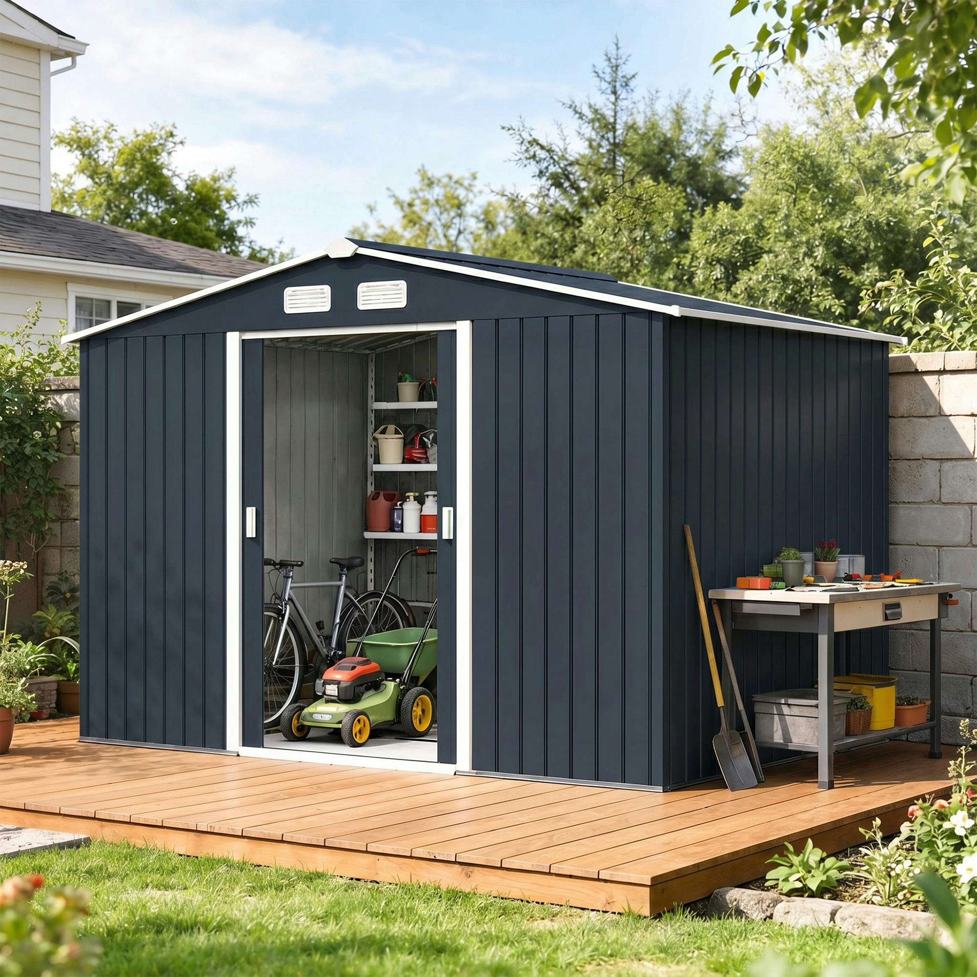 Rackhams Dark/Grey 9 X 6Ft Galvanised Garden Storage Shed With Sliding Door,
