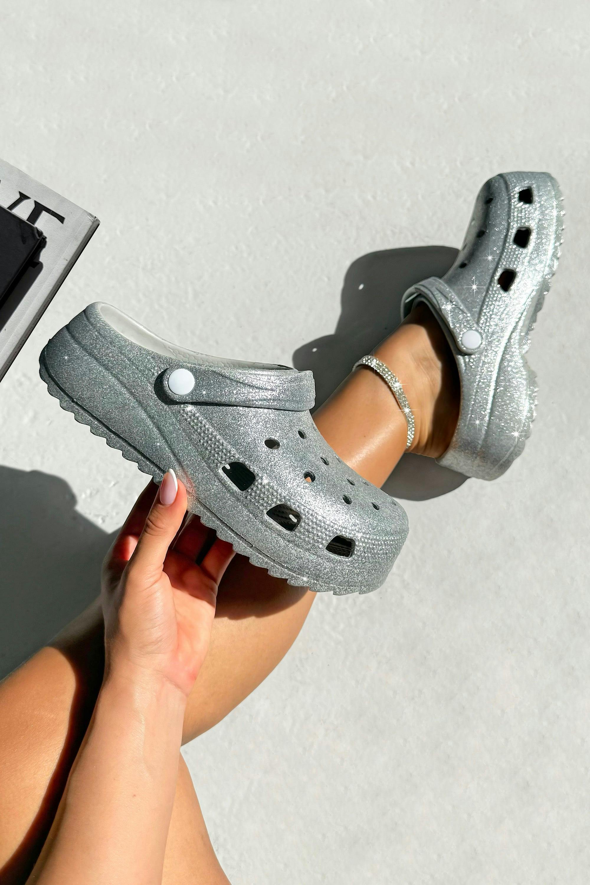 Love Lemonade Women's Silver Sparkly Glitter Splash Clog Sliders - Uk 6 - Eu 39 - Us 8