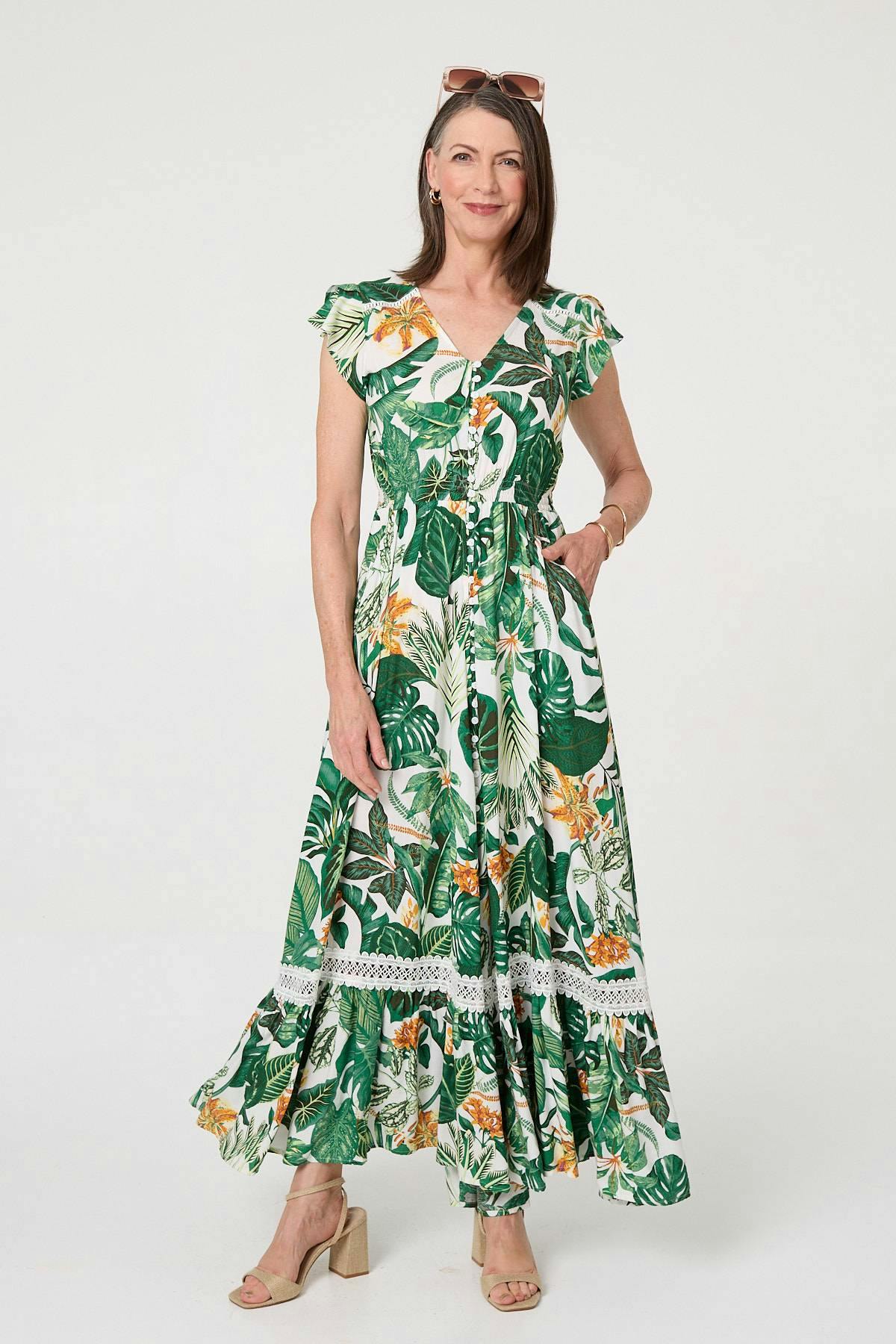 Izabel London Green Leaf Print Cap Sleeve Lace Maxi Dress - 8