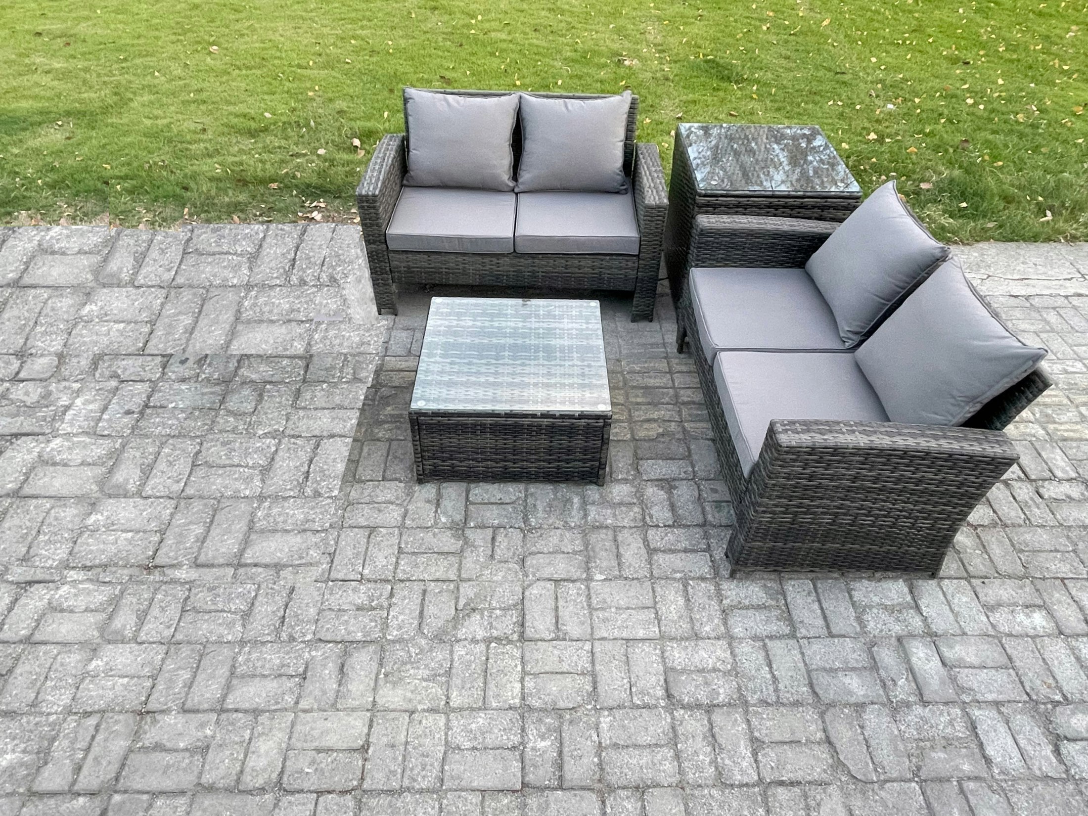 Rackhams Dark/Grey Rattan Garden Furniture Set 4 Piece Patio Rattan Furniture Sofa Weaving Wicker Includes 2 Double Seat Sofa, Coffee Table And Side Table