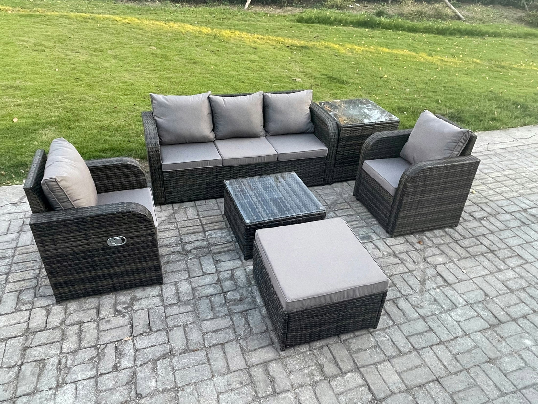Fimous Dark/Grey 6-Seater Rattan Outdoor Sofa Set | Reclining Chair, 3-Seater Sofa, Footstool, Side Table