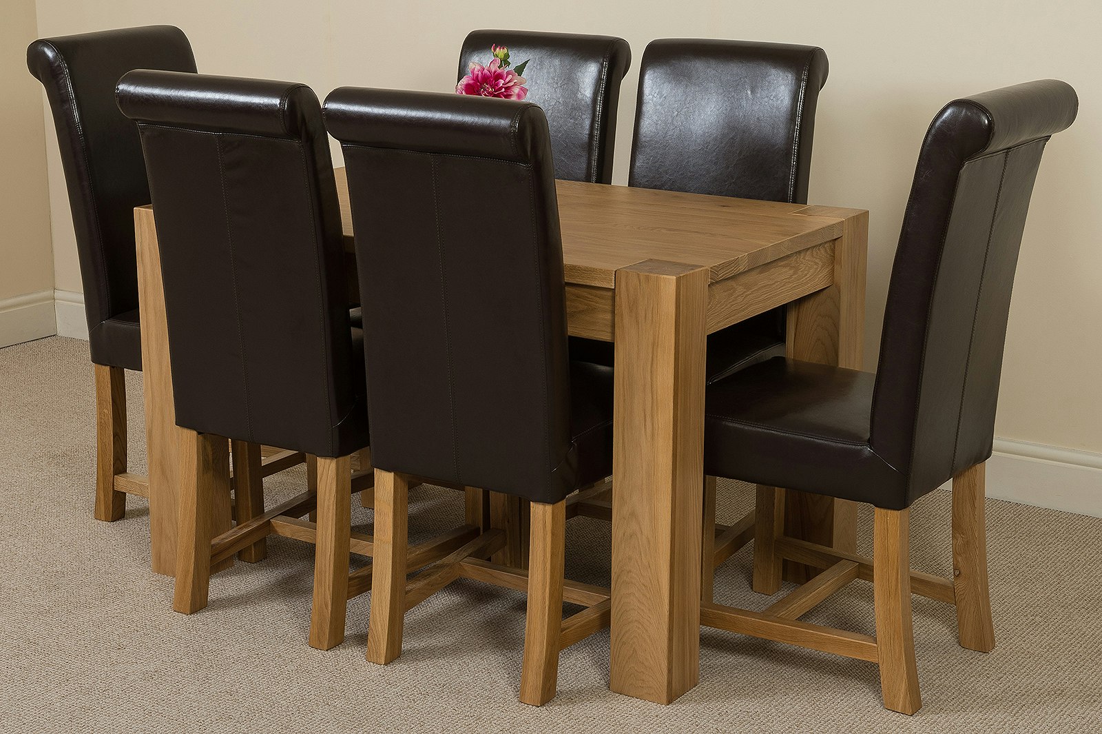 Rackhams Brown Kuba Oak Dining Table With Washington Leather Chairs - 6 Chairs Small