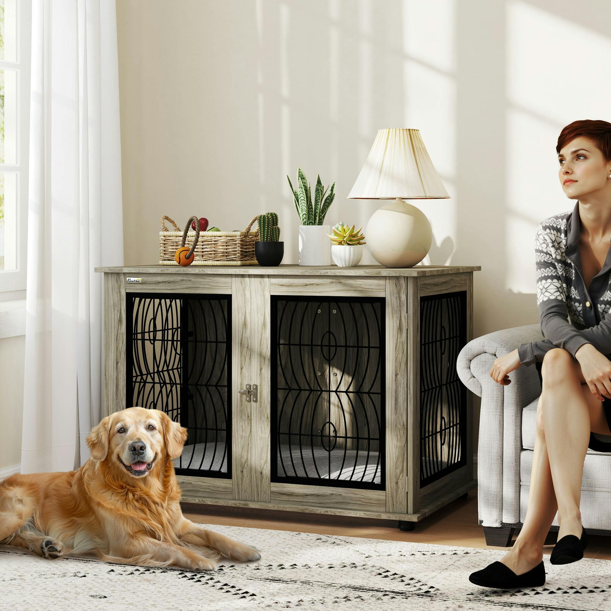 Pawhut Grey Dog Crate Furniture, End Table For Medium Dogs W/ Cushion - 82H X 118L X 75Wcm