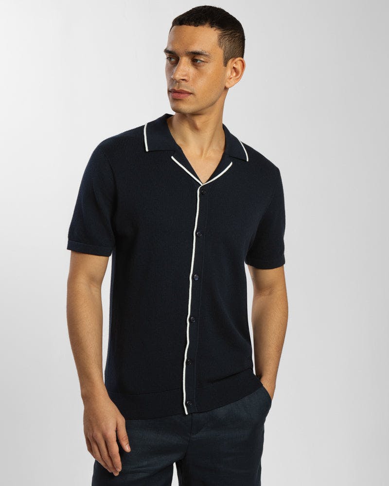 Steel & Jelly Knitted Short Sleeve Shirt With Contrast Tipping - Navy - Xl