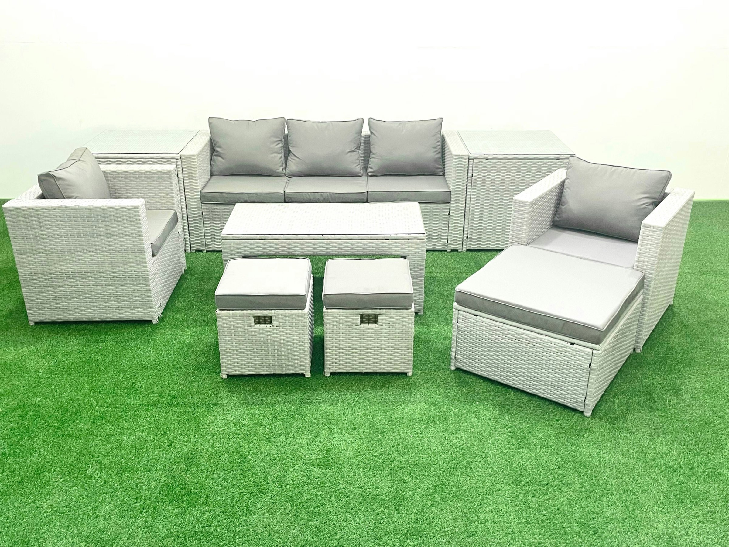 Fimous Light/Grey Rattan Garden Furniture Set 8 Seater Outdoor Garden Sofa Oblong Coffee Table Set With 2 Chairs 3 Stools 2 Side Tables Mixed
