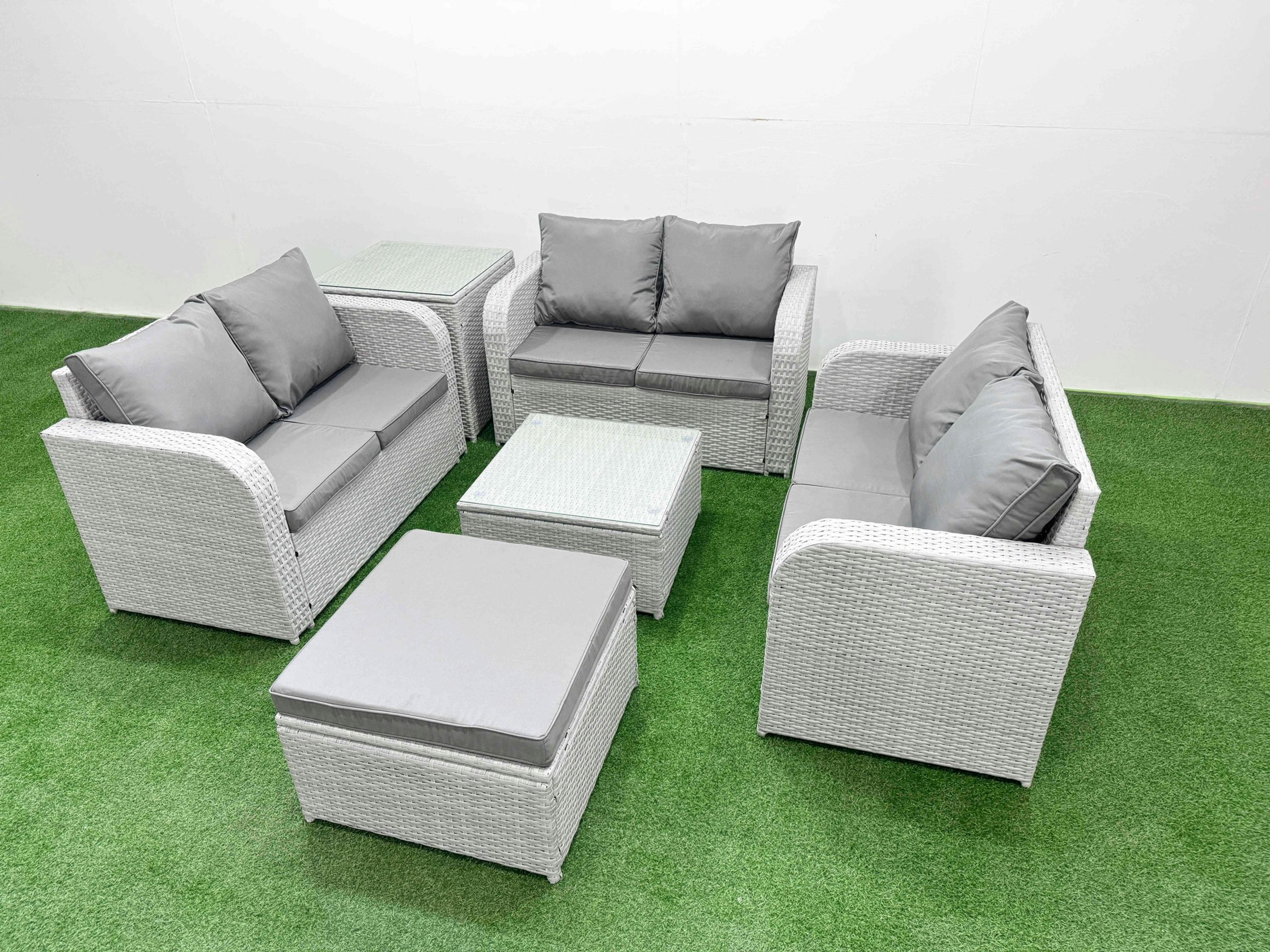 Fimous Light/Grey 7 Seater Pe Wicker Rattan Furniture Sofa Sets With Square Coffee Table 2 Seater Love Sofa Big Footstool Side Table