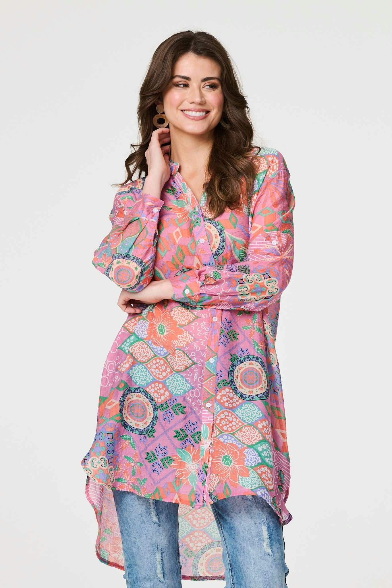 Izabel London Pink Printed Semi Sheer Longline Blouse - 18
