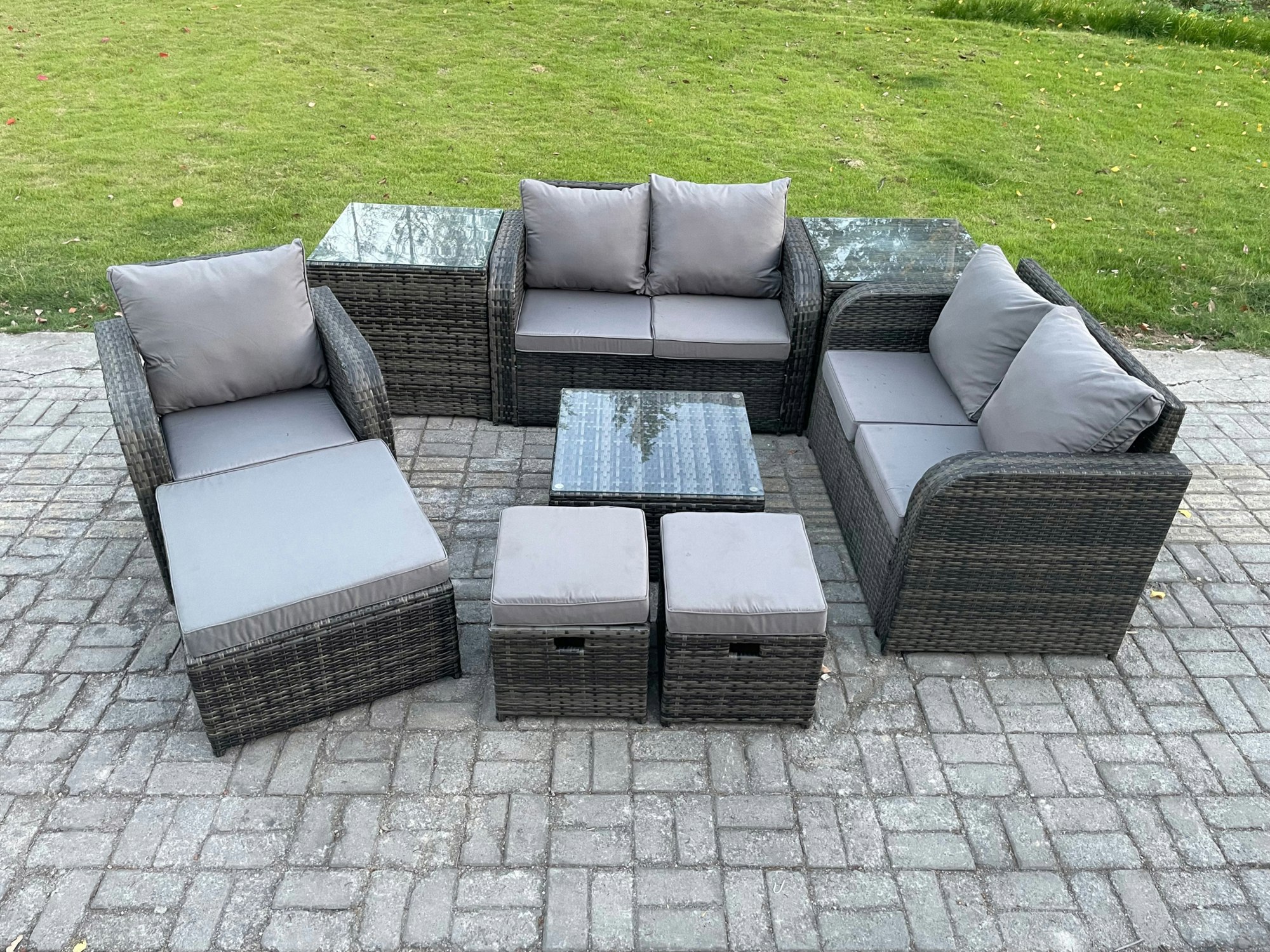 Fimous Dark/Grey Pe Rattan Garden Furniture Sets Outdoor Love Sofa Chair Set Square Coffee Table 2 Side Tables 3 Footstools