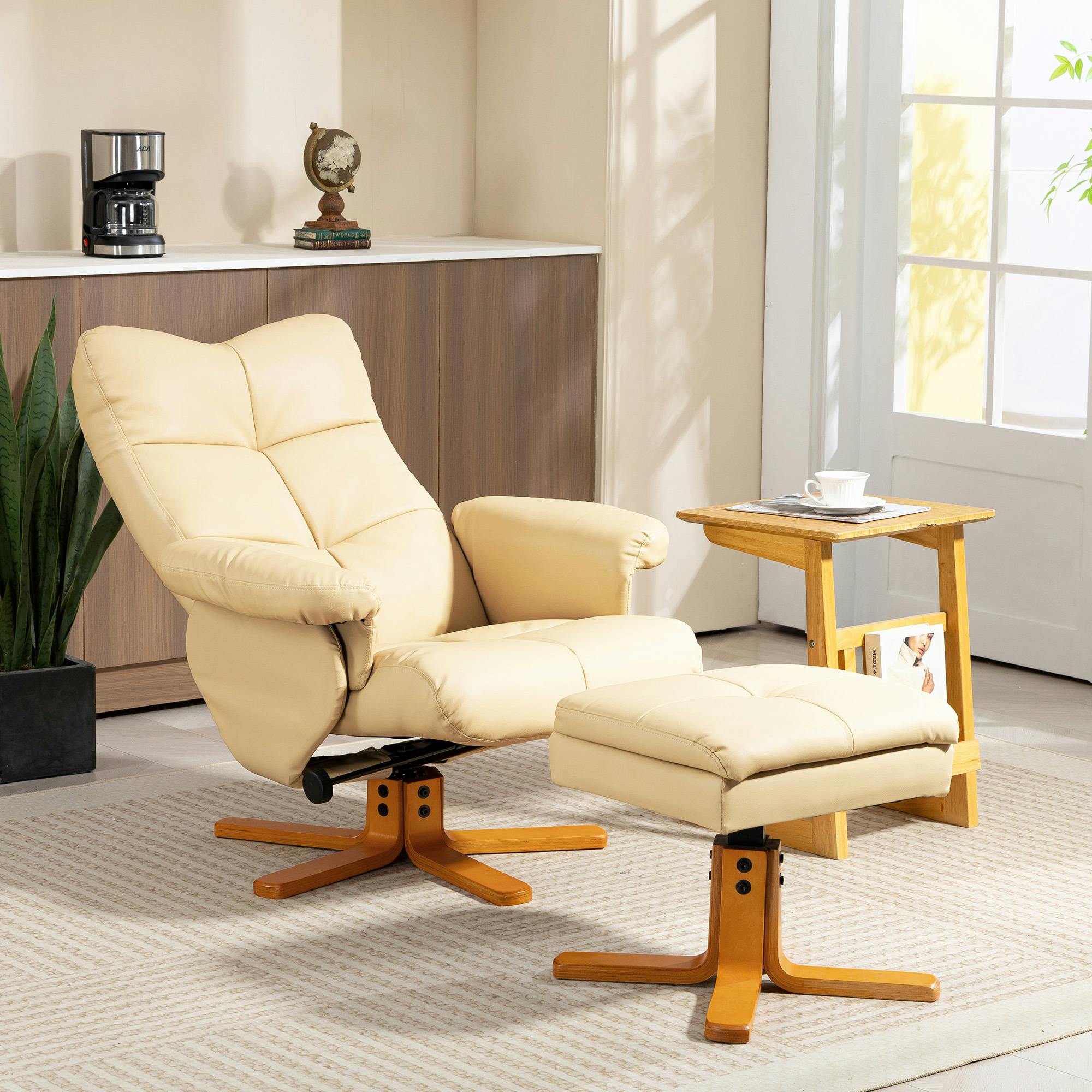 Rackhams Beige Recliner Chair And Footstool Pu Leather Wooden Base, - Bentwood
