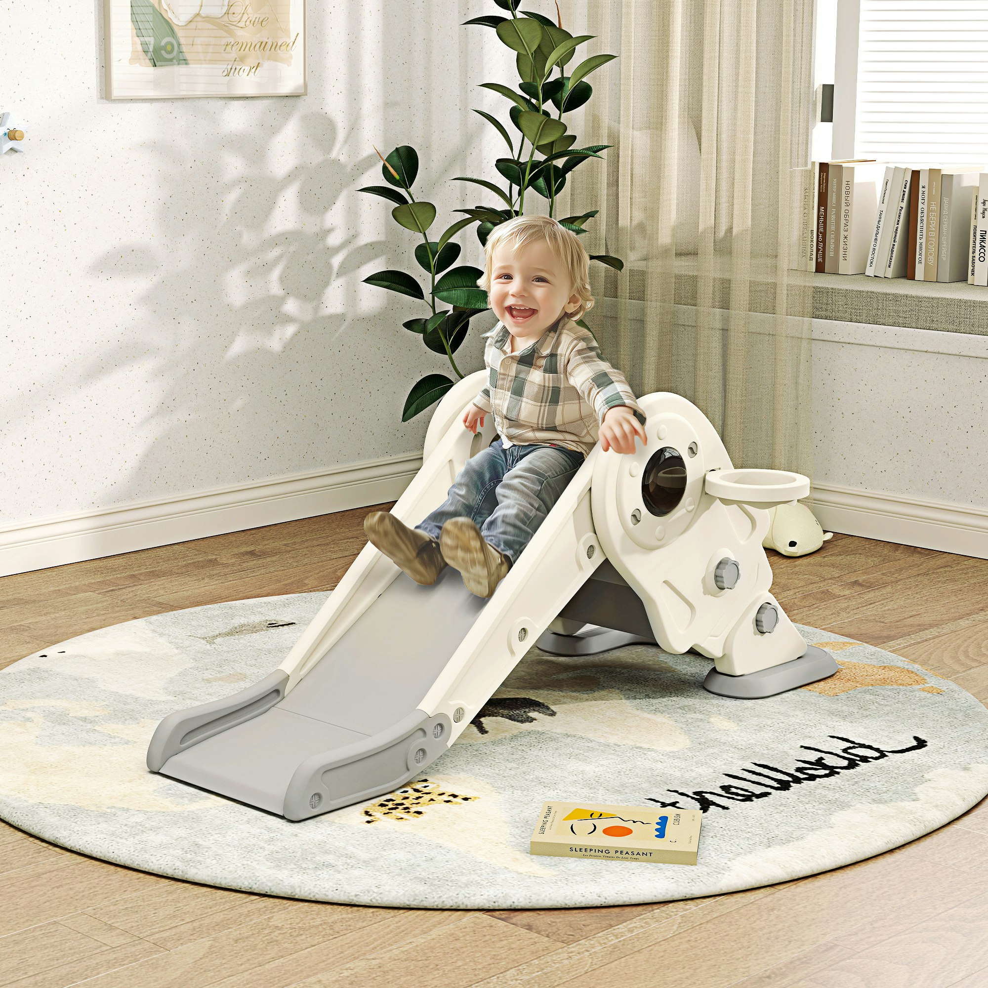 3 In1 Kids Slide with Basketball Hoop Climber Cream White - Image 8