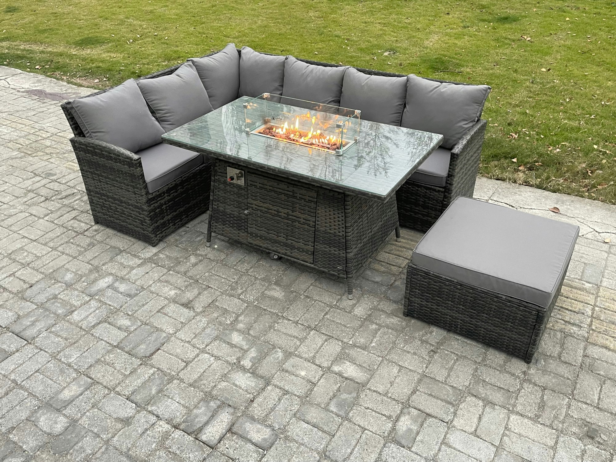 Fimous Dark/Grey 7 Seater Rattan Garden Furniture Sets High Back Corner Sofa Fire Pit Dining Table Sets Gas Heater With Big Footstool Mixed