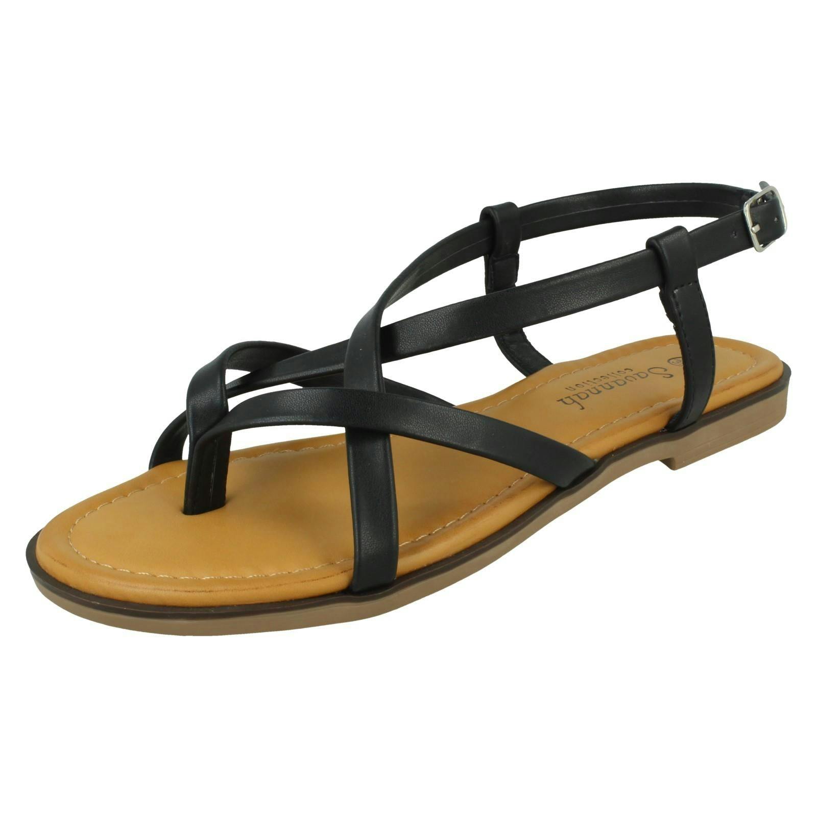 Savannah Women's Black Flat Strappy Toepost Sandal With Buckle Strap F00444 - Uk 3
