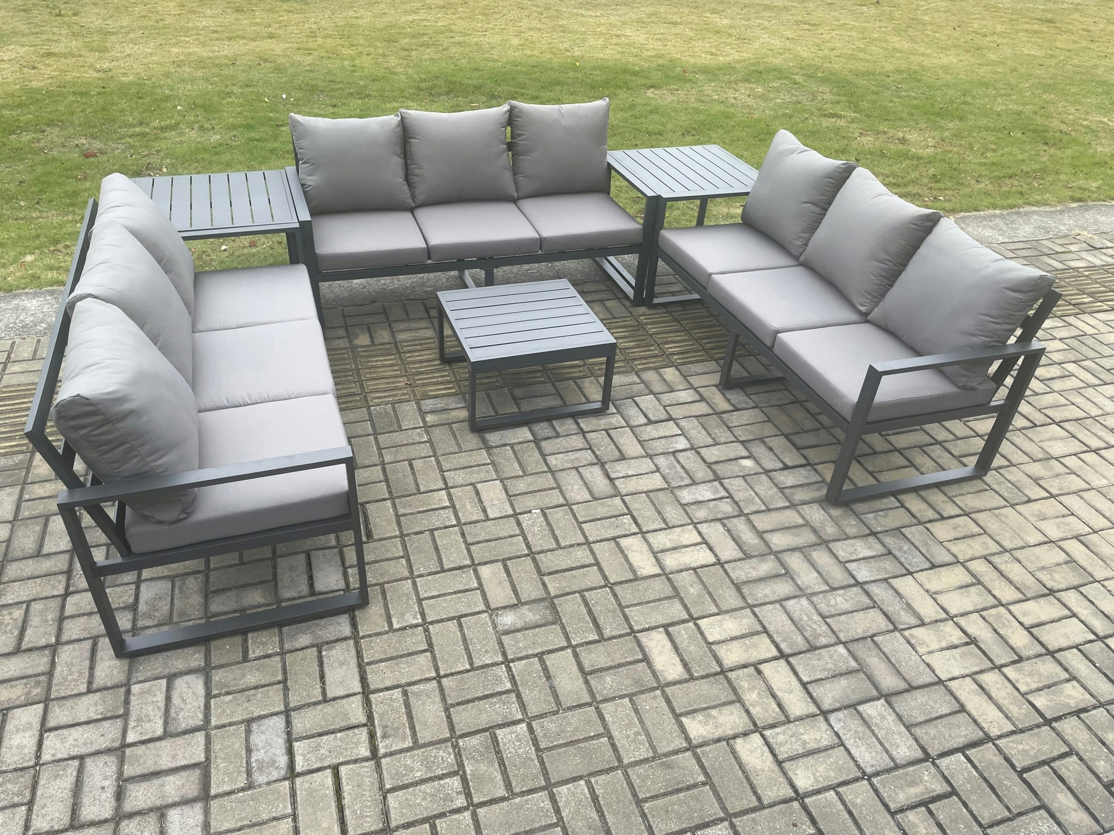 Rackhams Dark/Grey Aluminium 9 Seater Outdoor Garden Furniture Set Patio Lounge Sofa With Square Coffee Table 2 Side Tables Conservatory Set