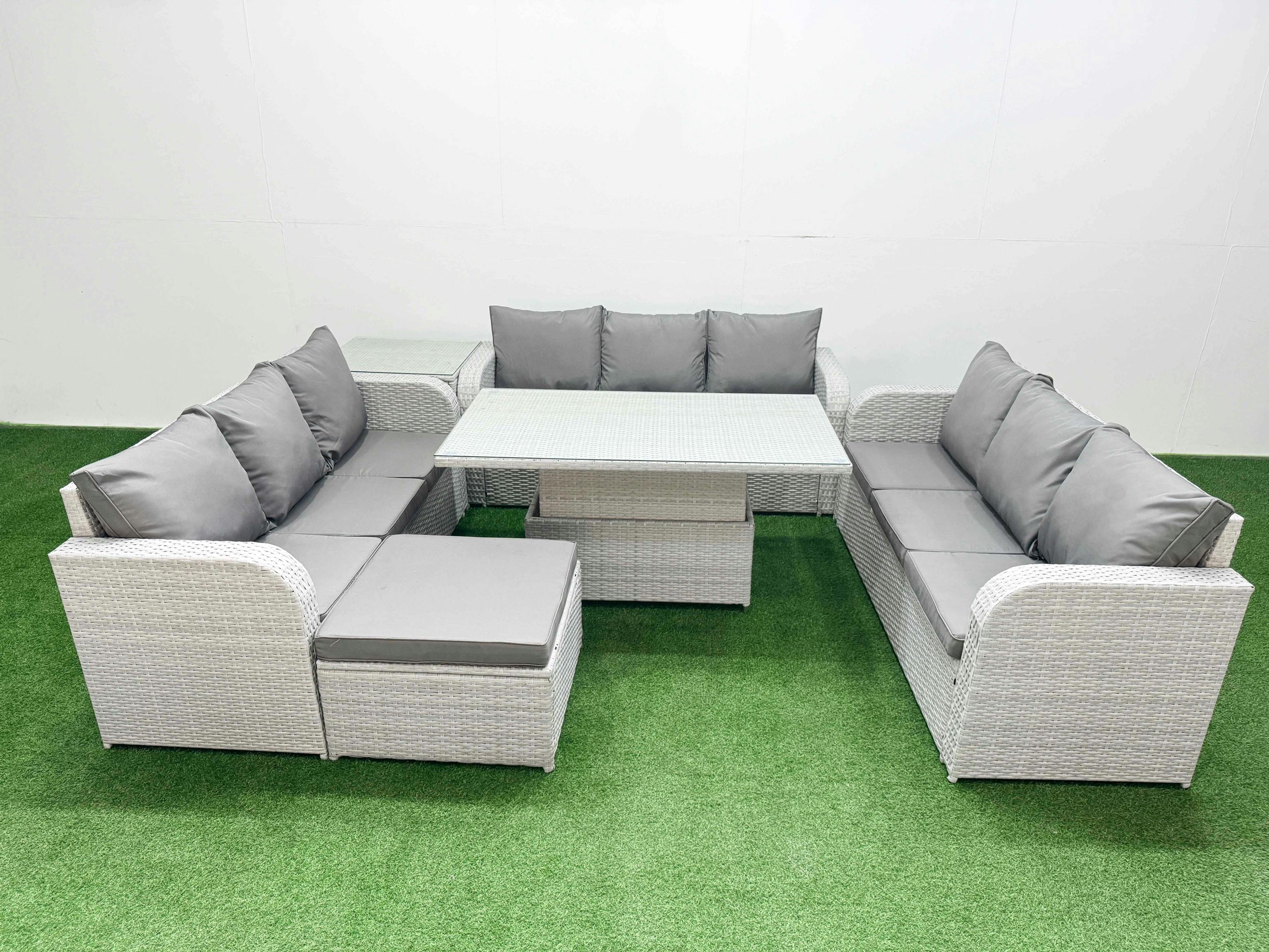 Rackhams Light/Grey 10 Seater Pe Rattan Garden Furniture Lounge Sofa Patio Set, Adj Height Table, 3 Seater Sofa, Big Footstool, Side Table,