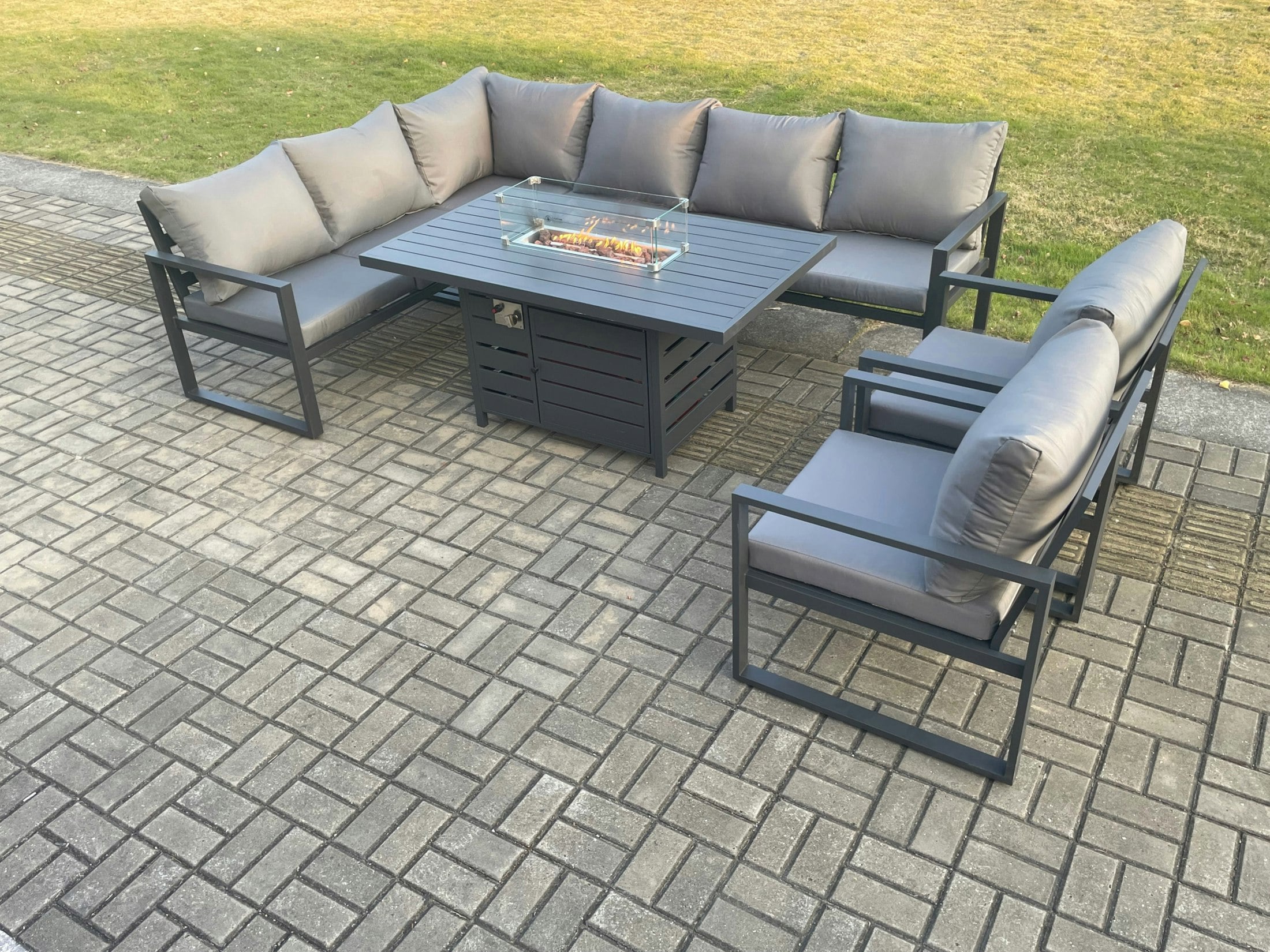 Rackhams Dark/Grey Aluminium Outdoor Garden Furniture Corner Sofa Gas Fire Pit Dining Table Sets Gas Heater Burner With 2 Chairs 8 Seater