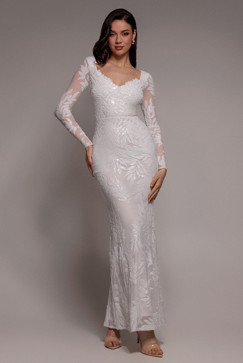 Goddiva White Sequin Leaf Long Sleeve Maxi Dress - By - 14