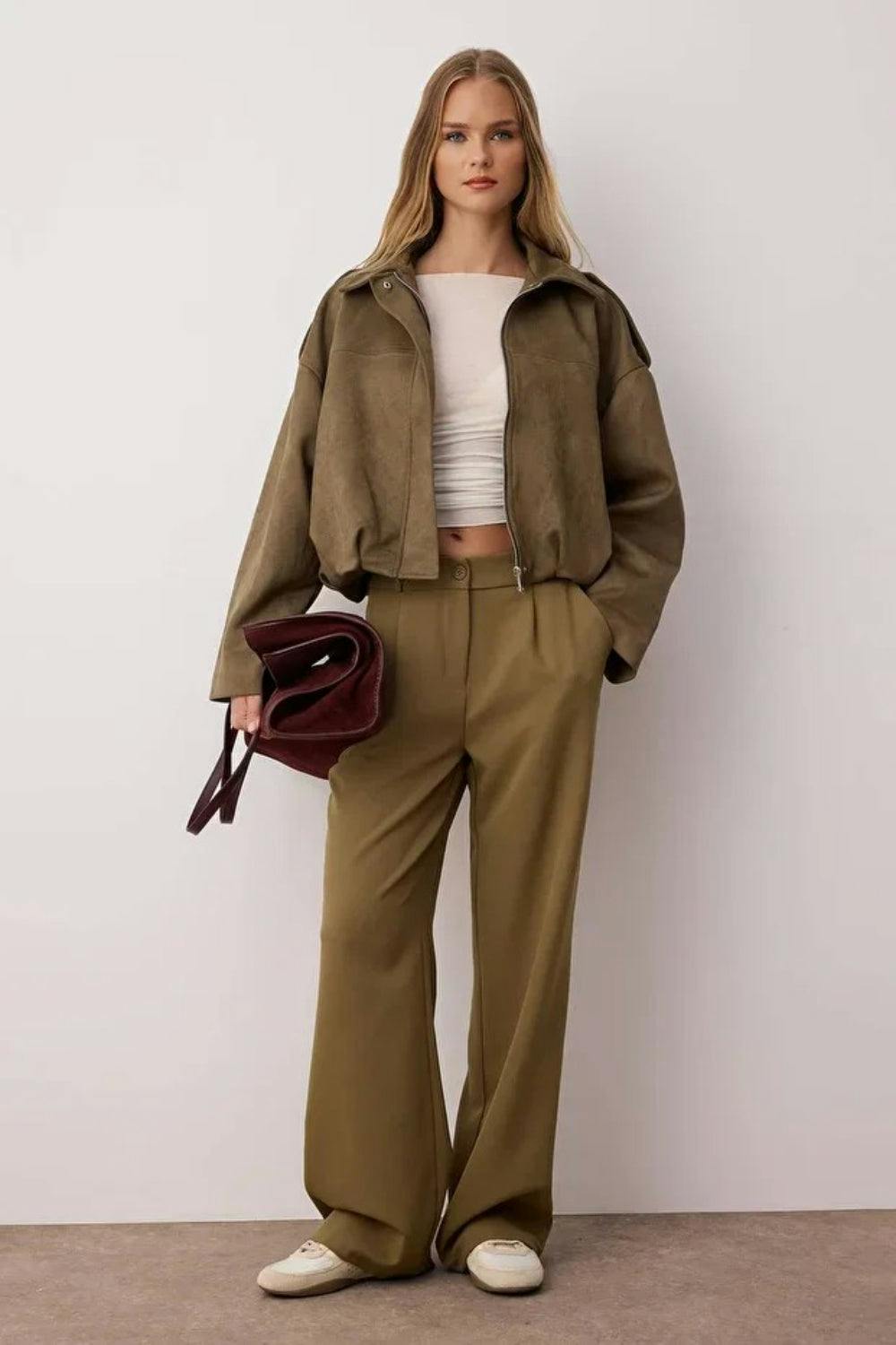 Hoxton Gal High-Waist Wide-Leg Pleated Woven Trousers - Khaki - 14