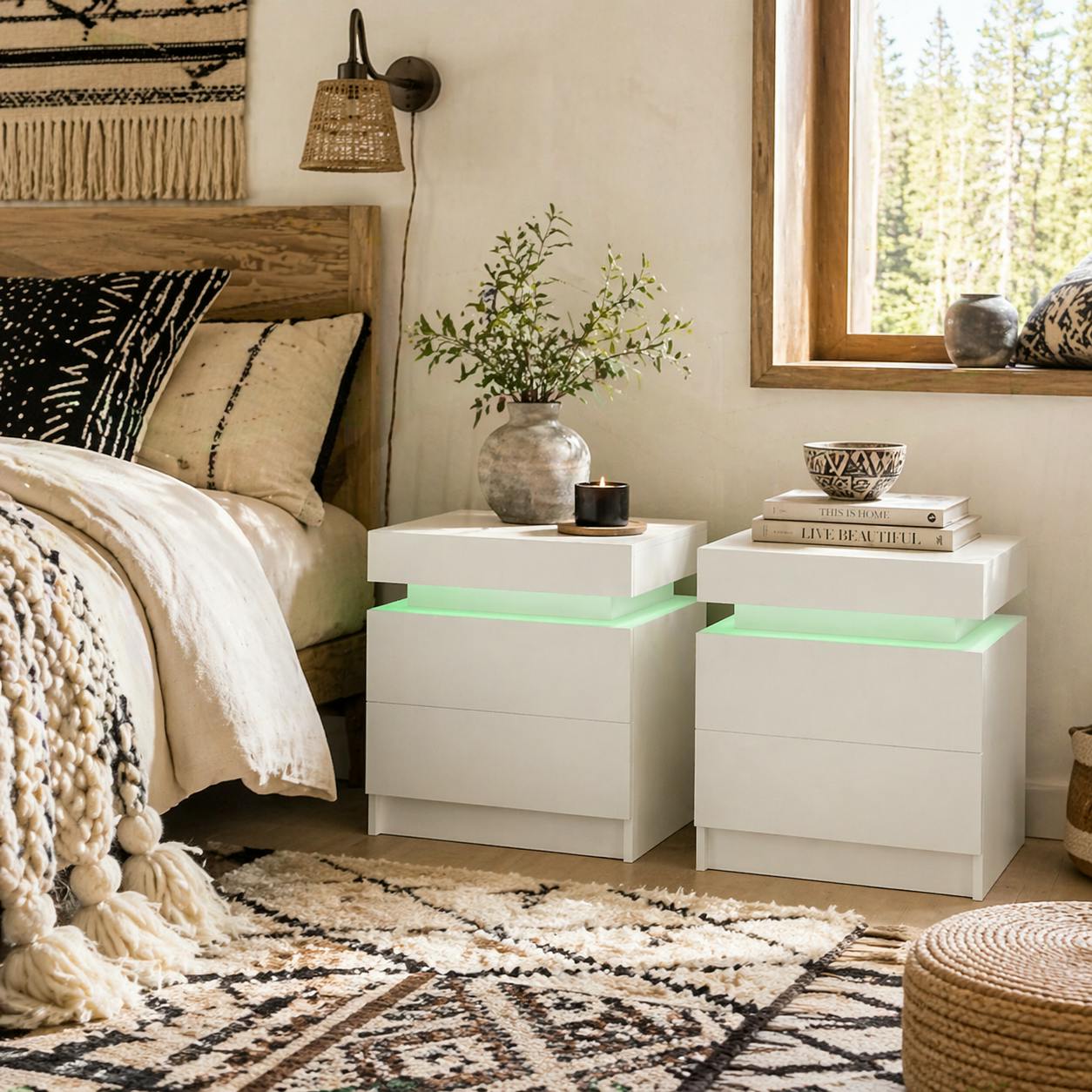 Rackhams White Nisu High Gloss Set Of 2 Bedside Tables With Led Lighting And Storage Drawers
