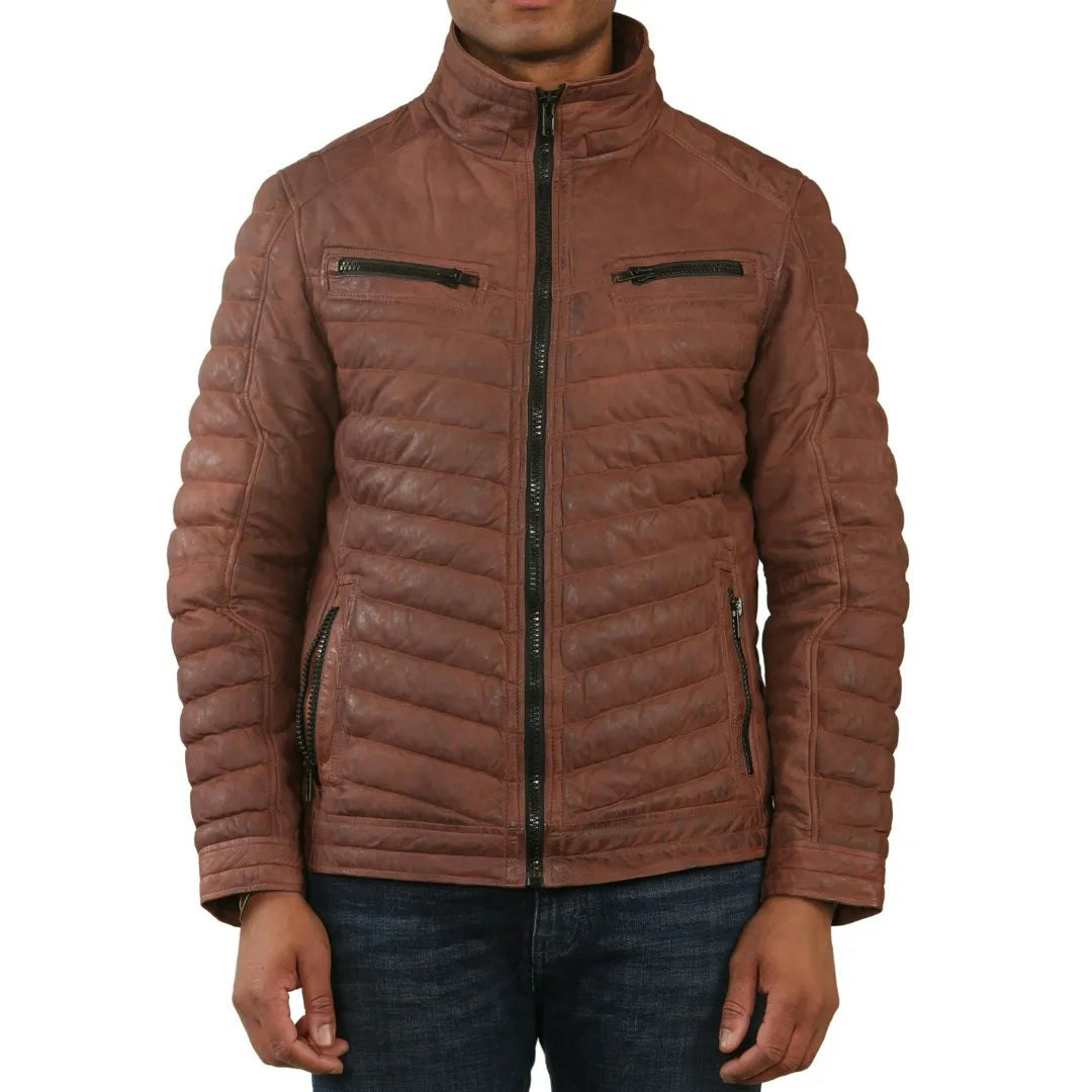 Infinity Leather Men's Quilted Puffer Soft Napa Leather Jacket - Tan - Small