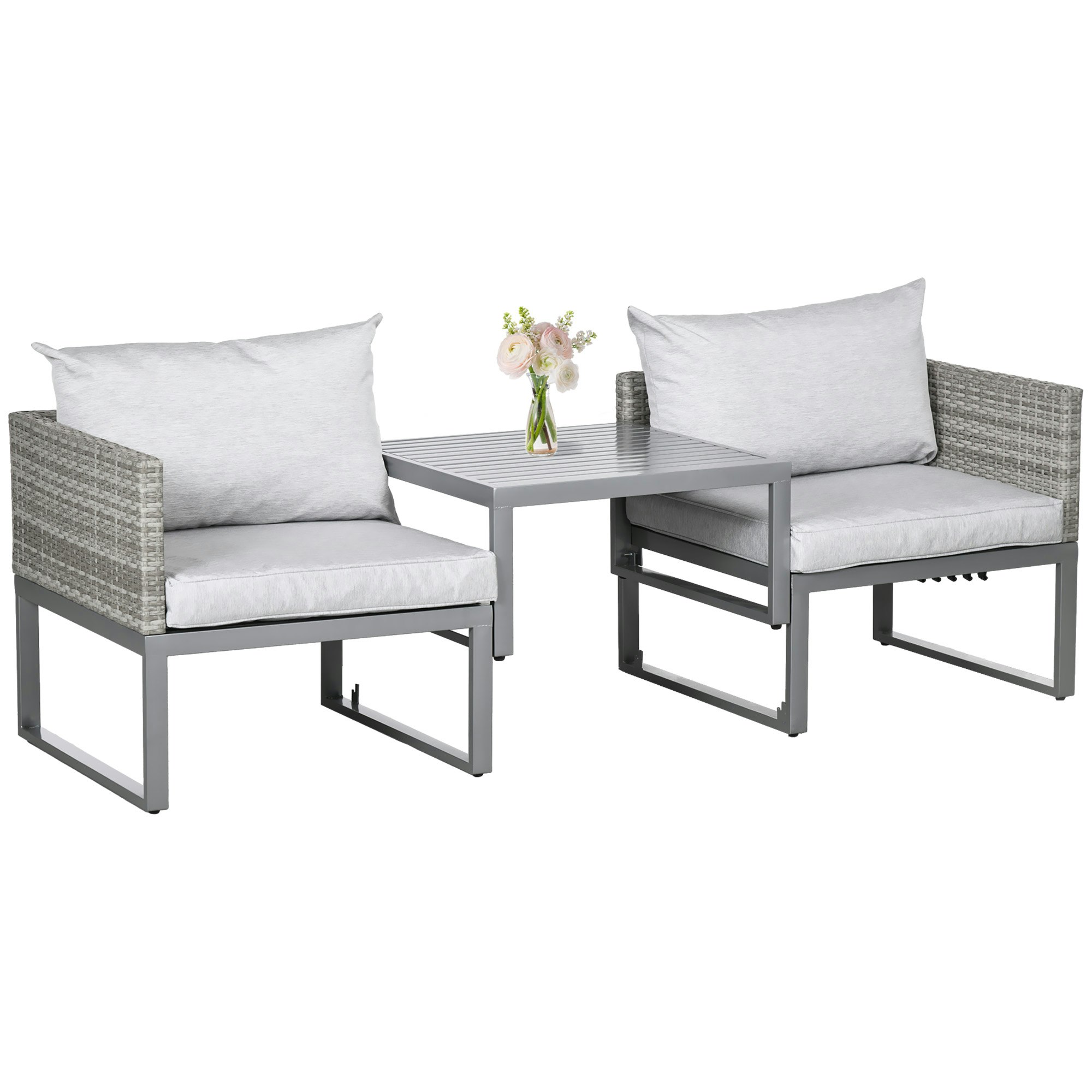 Rackhams Grey 3-In-1 Chair Coffee Table Lounger With Steel Frame - Metal, Pe Rattan Polyester Cotton - 63Cm X 69Cm X 69Cm