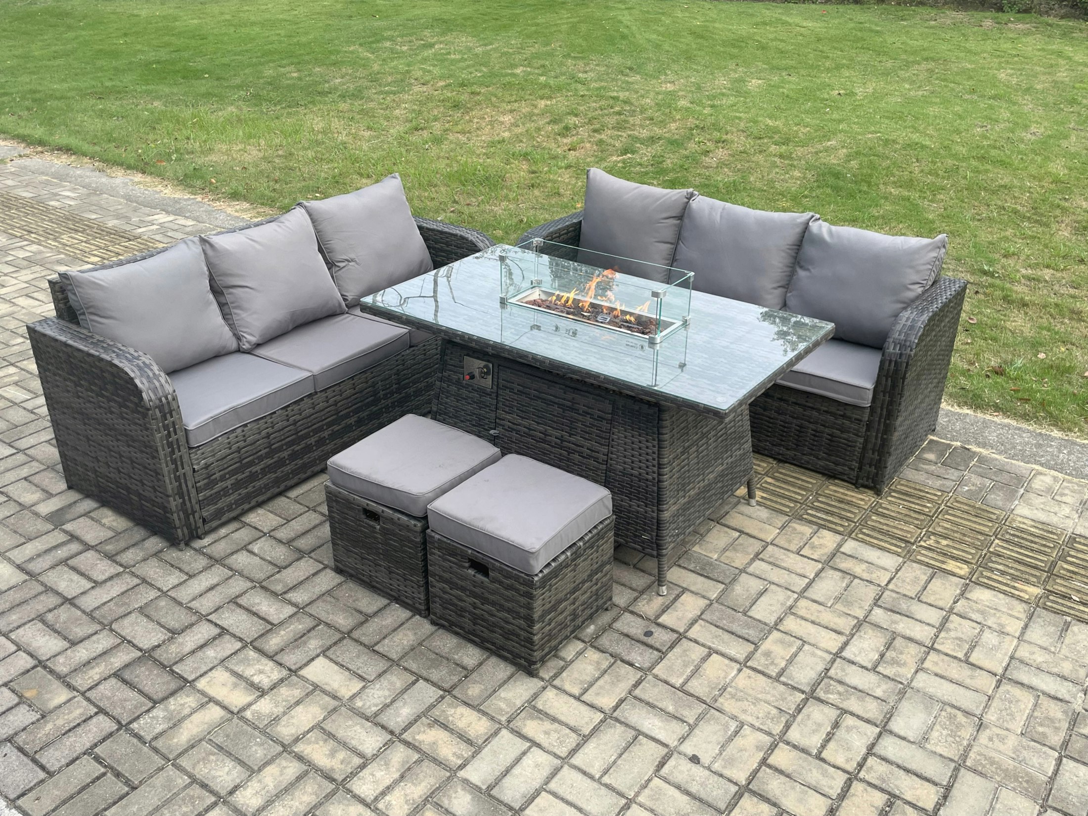 Rackhams Dark/Grey Rattan Garden Furniture Set With Fire Pit Table 8 Seater Outdoor Lounge Sofa Set Mixed