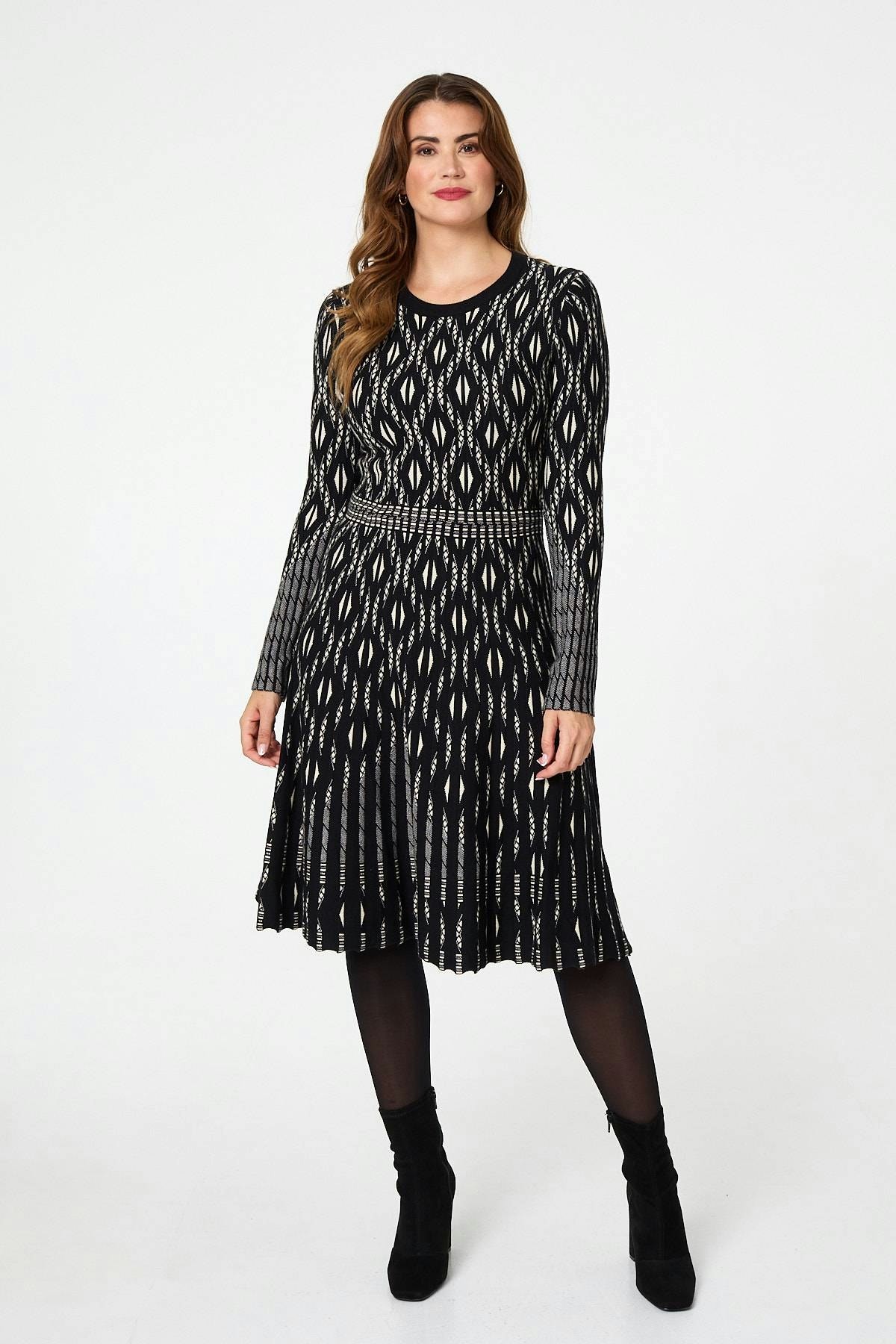 Izabel London Black Geo Print Knit Skater Midi Dress - 18
