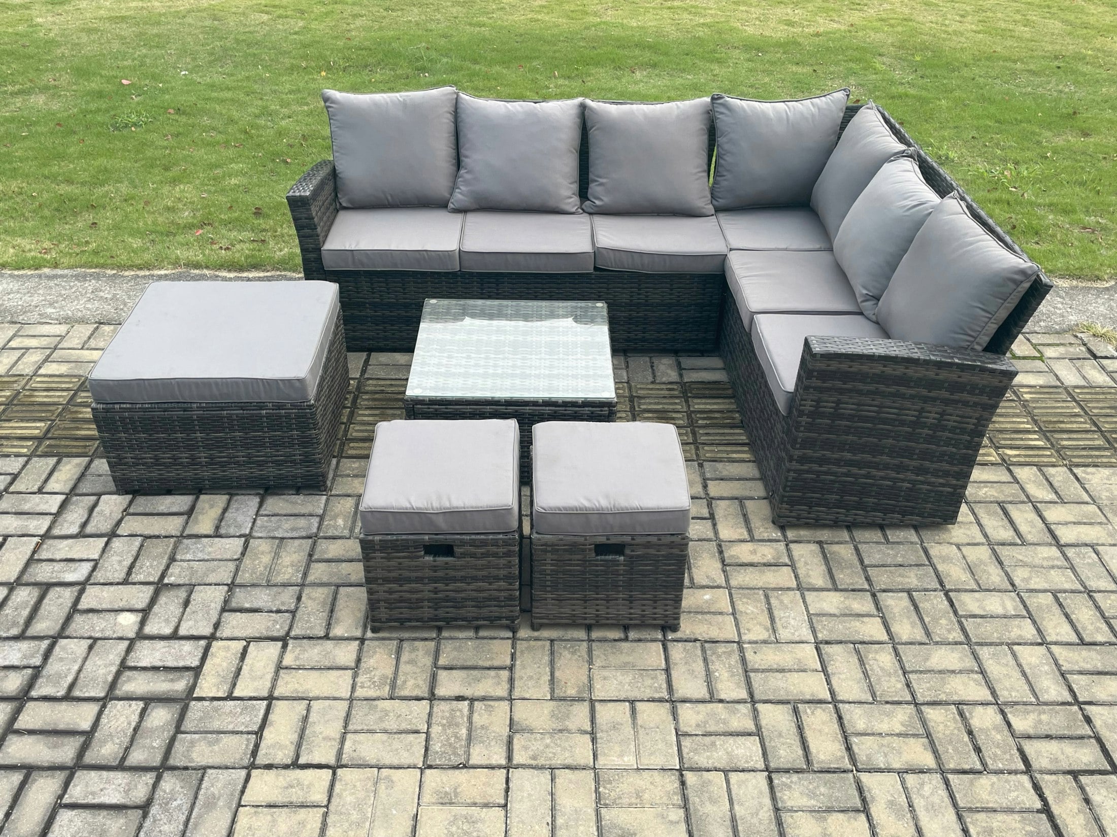 Fimous Dark/Grey Rattan Garden Furniture Set Outdoor Lounge Corner Sofa Set With Square Coffee Table 3 Footstools 9 Seater Mixed