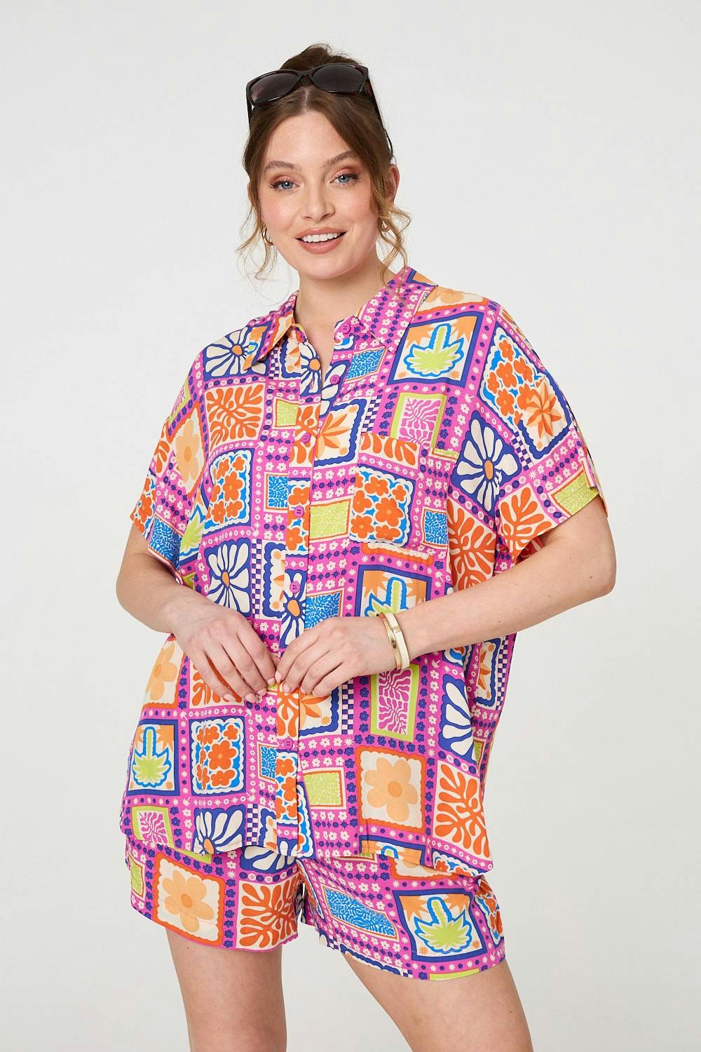 Izabel London Pink Patchwork Print Short Sleeve Shirt - 14