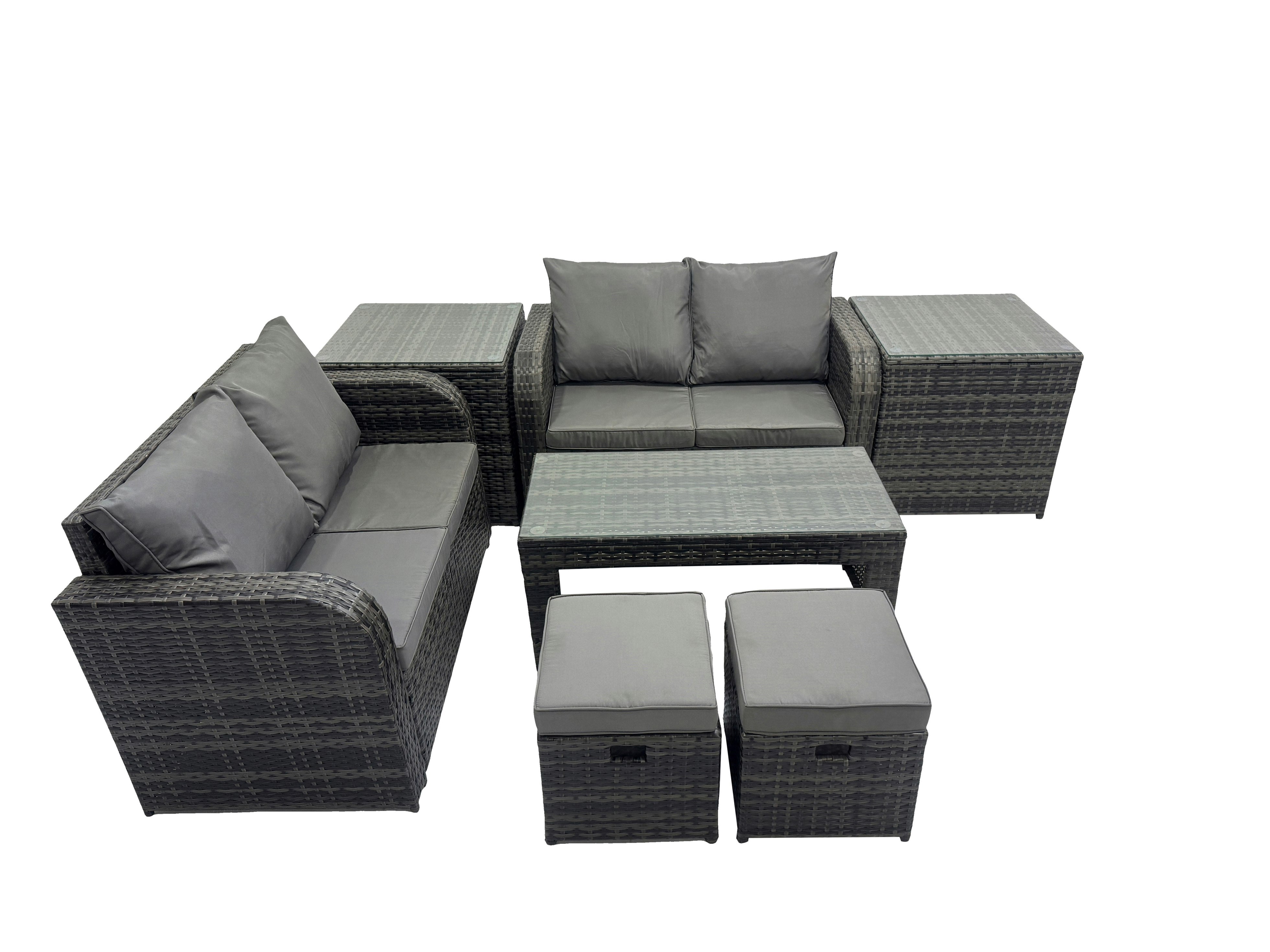 Fimous Dark/Grey 3 Seater Sofa Reclining Chair Coffee Table Set Rattan Garden Outdoor Furniture Set With 2 Side Tables 2 Small Stools Mixed