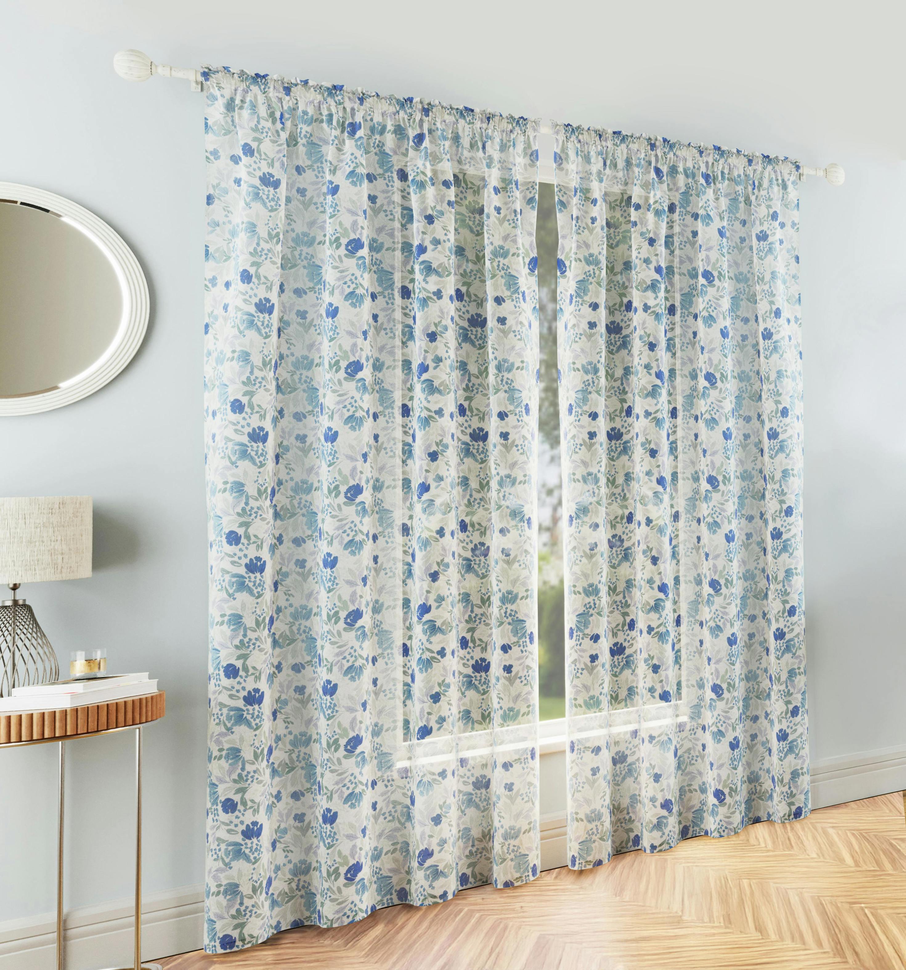 Rackhams Blue Mia' Floral Print Voile Panels Pair With Rod Pocket Header - 55" (140Cm) Width X 48" (122Cm) Drop