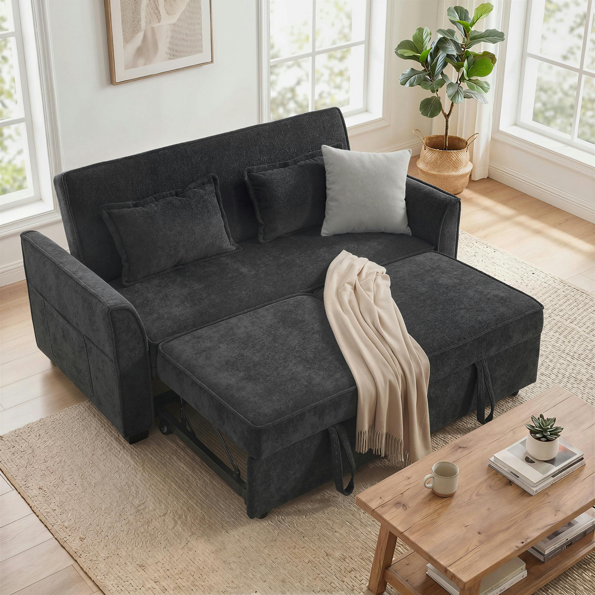 Rackhams Black 2 Seater Sofa Bed, 4-In-1 Convertible Pull Out Sleeper Sofa,