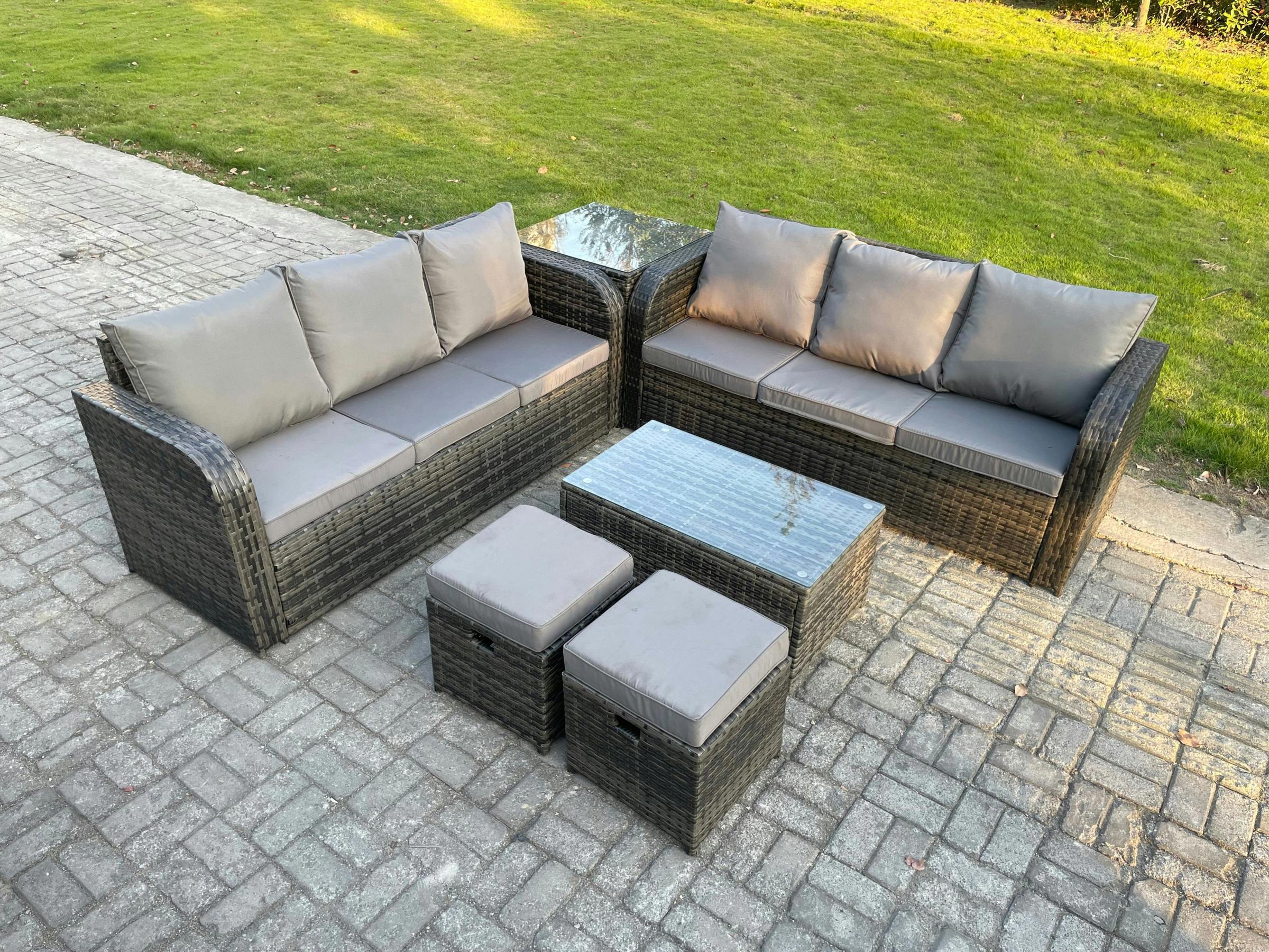 Rackhams Dark/Grey 8 Seater Wicker Rattan Set, Garden, Coffee Table, 3 Seater Sofa, Side Table And 2 Small Footstools, Mixed