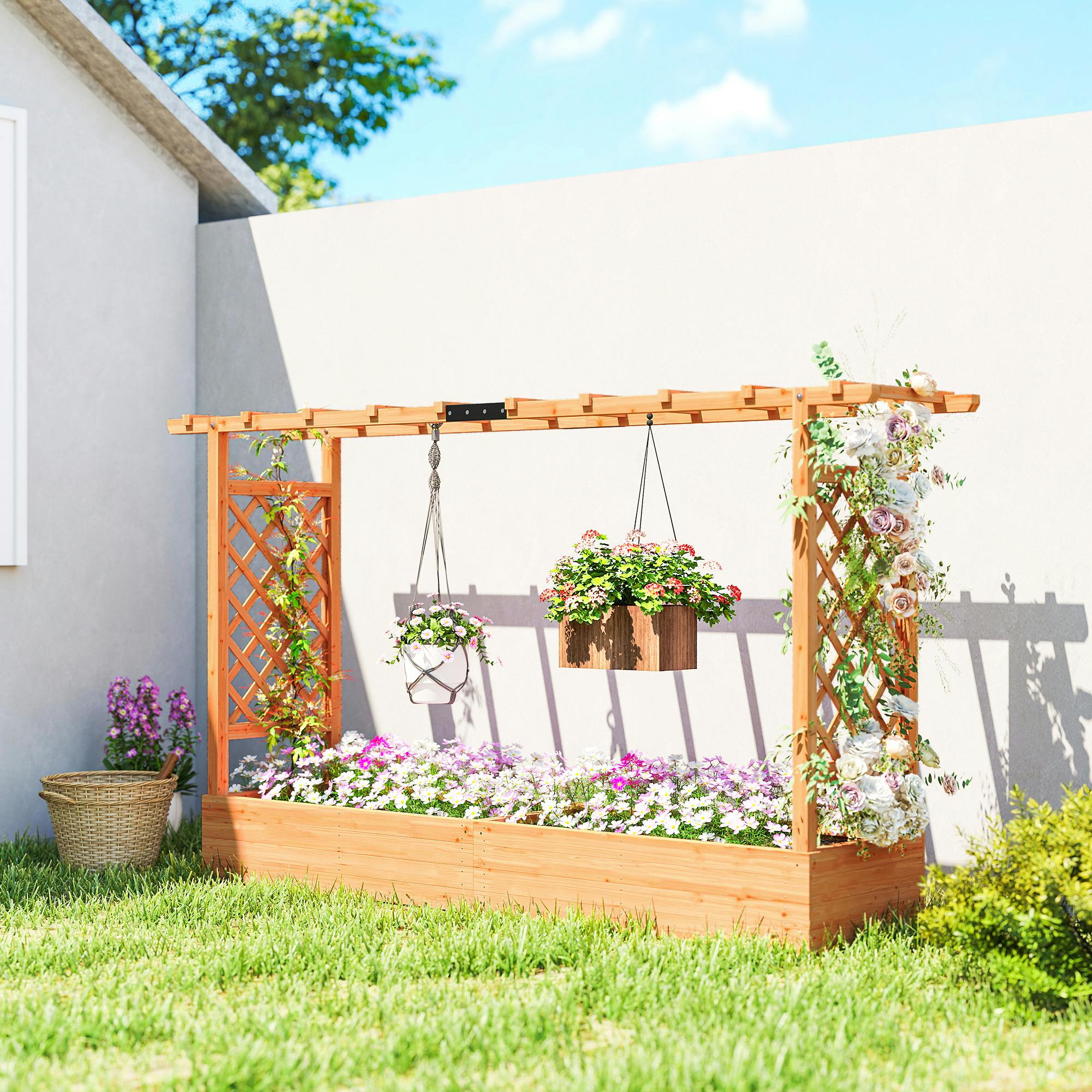 Rackhams Raised Bed For Garden With Trellis, 200 X 44 X 113.5 Cm, Natural