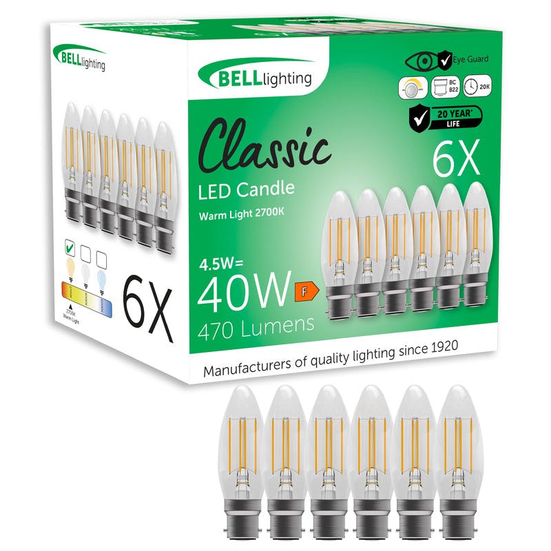 Bell Lighting Light Bell Ing B22 Bayonet Dimmable Led Filament Candle 4.5W Bulbs - Pack Of 6
