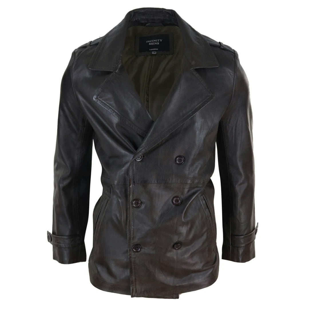 Infinity Leather Men's Brown Leather 3/4 Double Breasted Pea Coat Sherlock Sailor Classic - 4XL