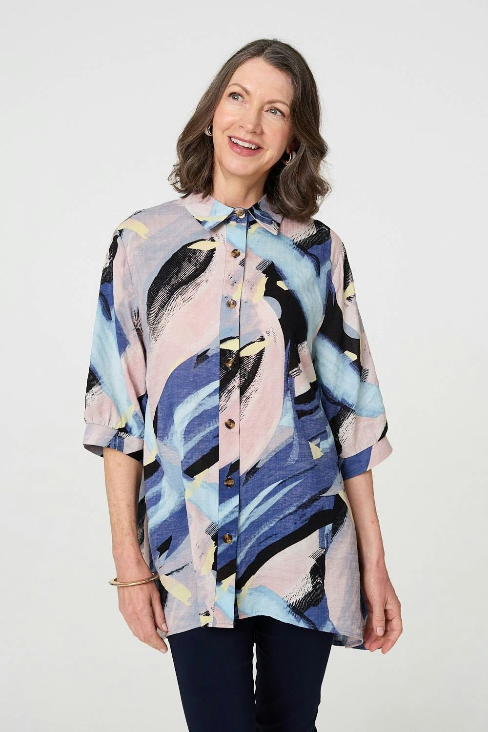 Izabel London Blue Brushstroke Print Collared Relaxed Shirt - M