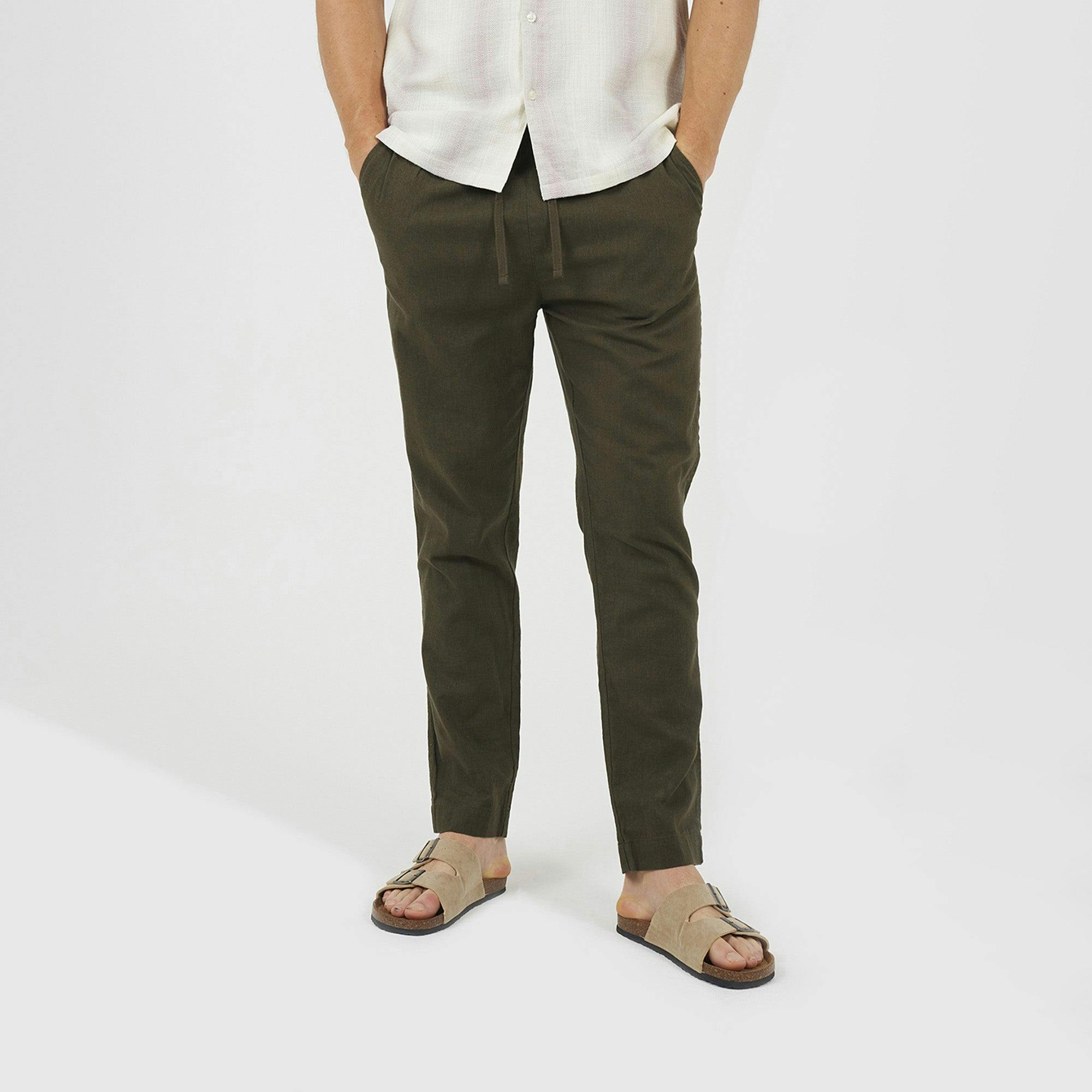 Brave Soul Relaxed Fit Linen Blend Trousers - Khaki - Khaki - 34